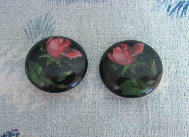 1980s black lacquered rose print round clip-on earrings