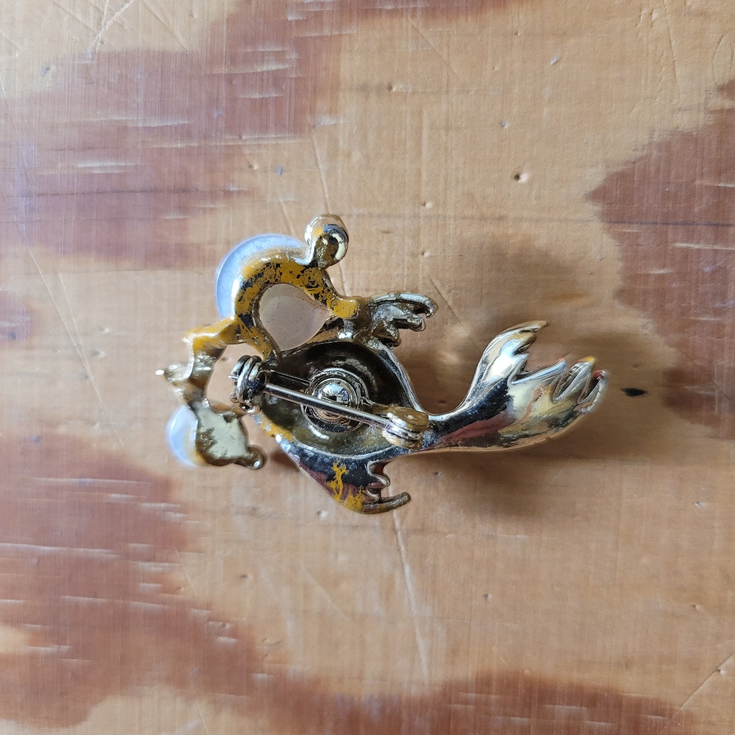 1950s gold-tone, cold painted enamel fish with mother of pearl bubble detail