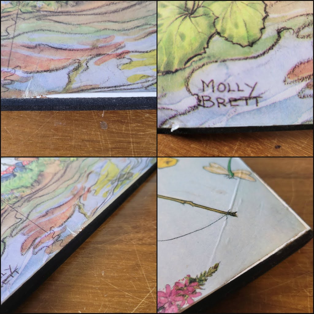 Pair of vintage Molly Brett prints on hardboard - Teddies Fishing, & Teddy Bears and Blackberries