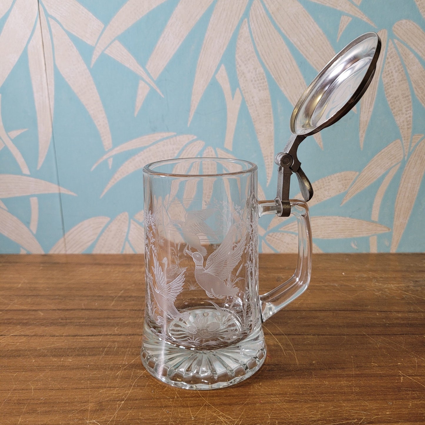 1970s/80s Domex etched glass game bird design tankard with pewter lid