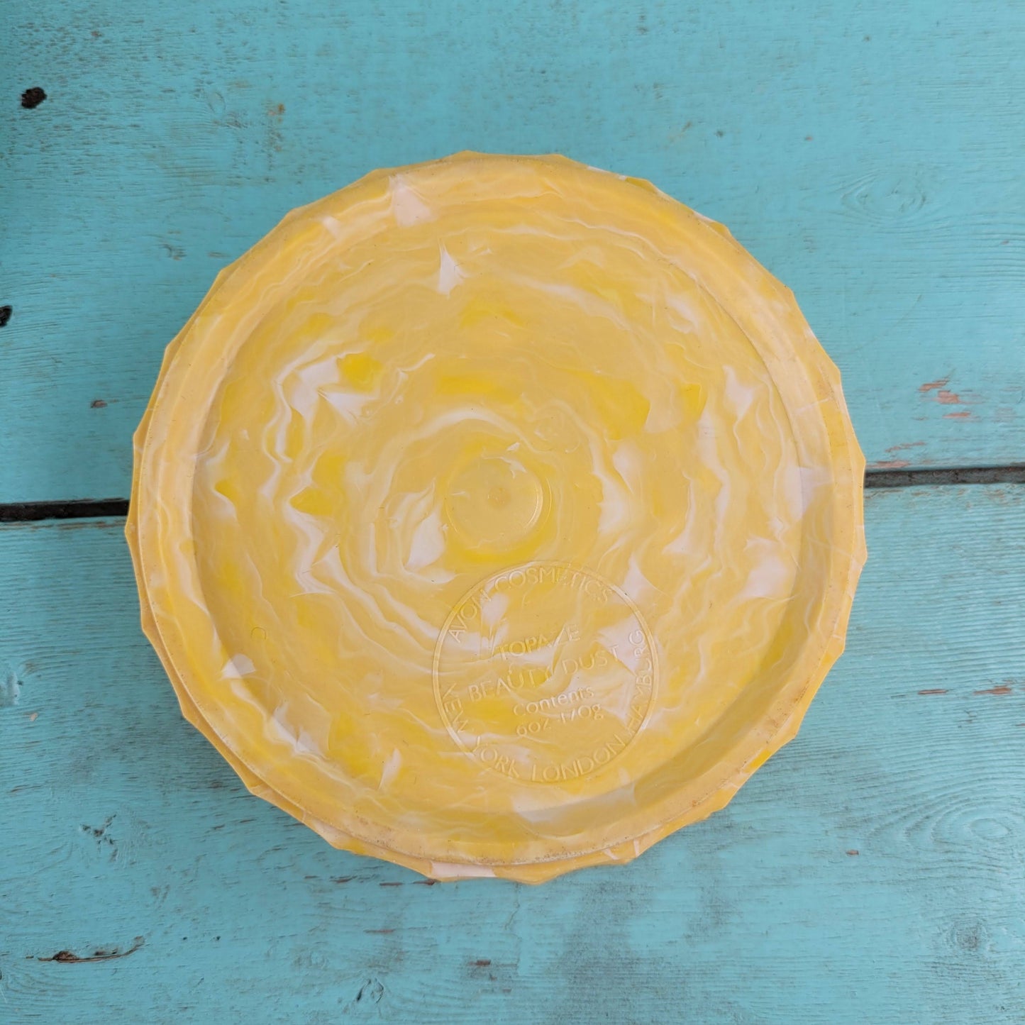 1960s Avon Topaze Beauty Dust marbled plastic face powder pot with plastic jewel detail (empty)