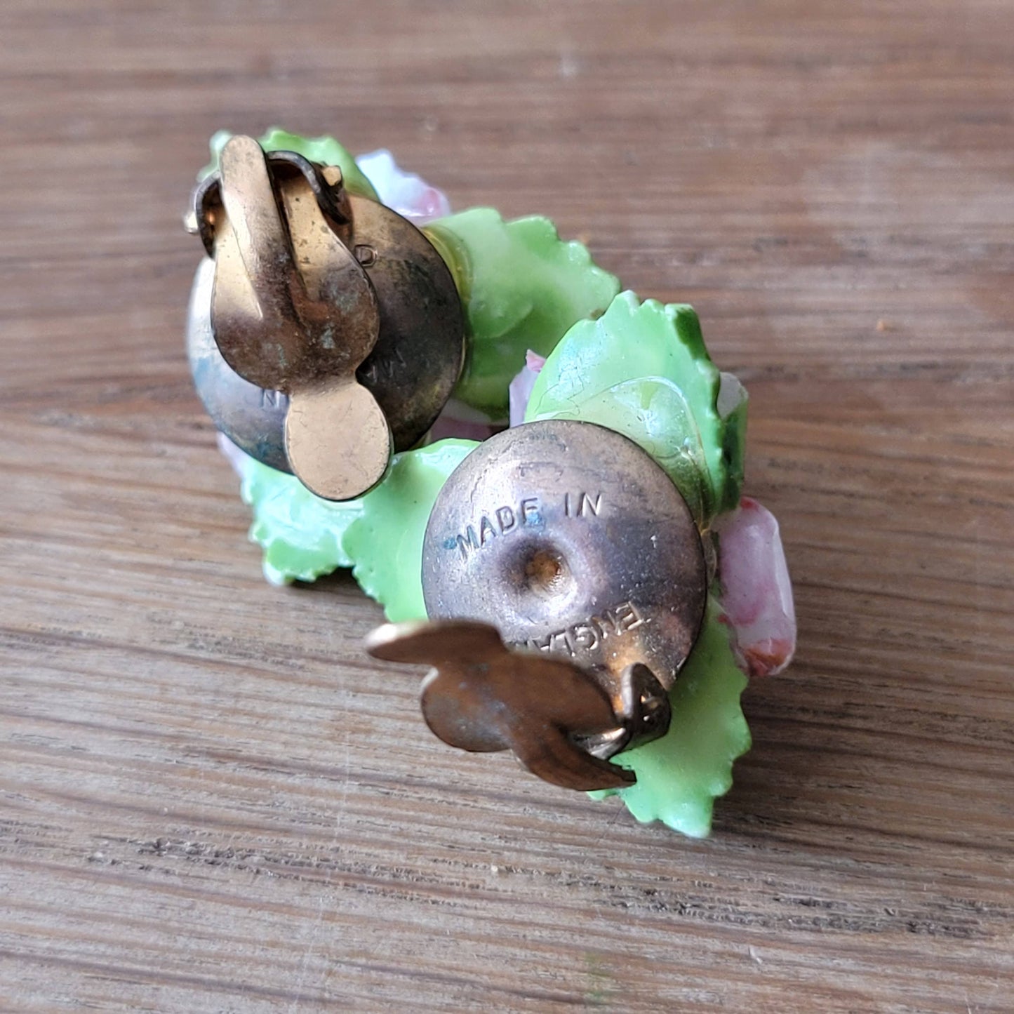 1950s hand-painted ceramic rose clip-on earrings