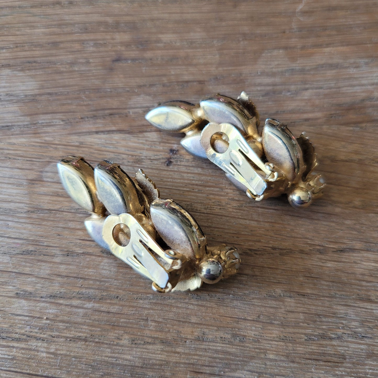 1950s amber glass & Aurora Borealis rhinestone leaf clip-on earrings