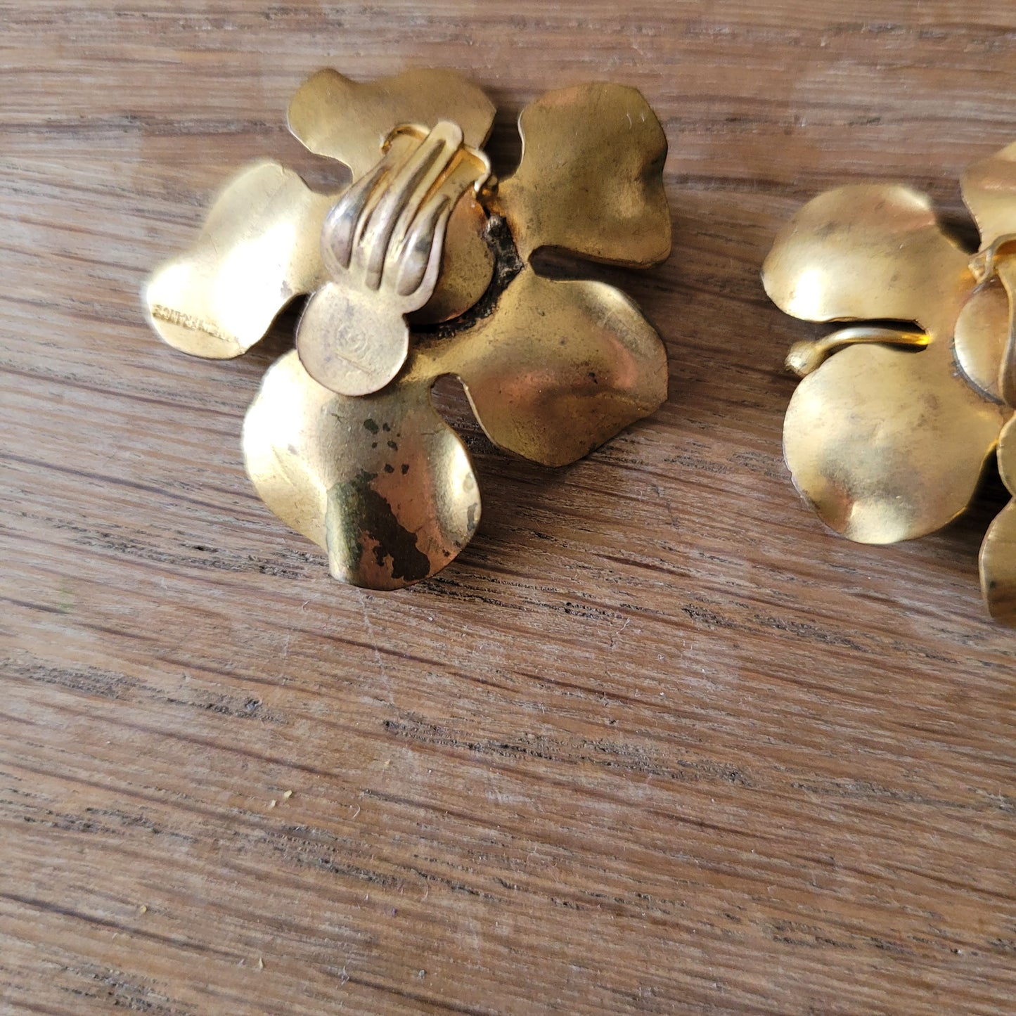 1960s French copper floral clip-on earrings with red & pink crystals