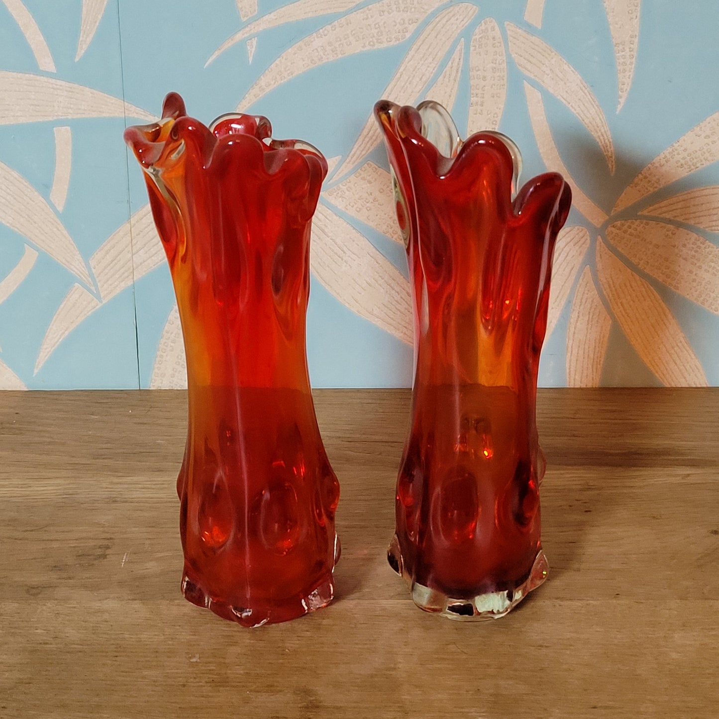 Pair of 1960s/70s red finger bark effect art glass bud vases