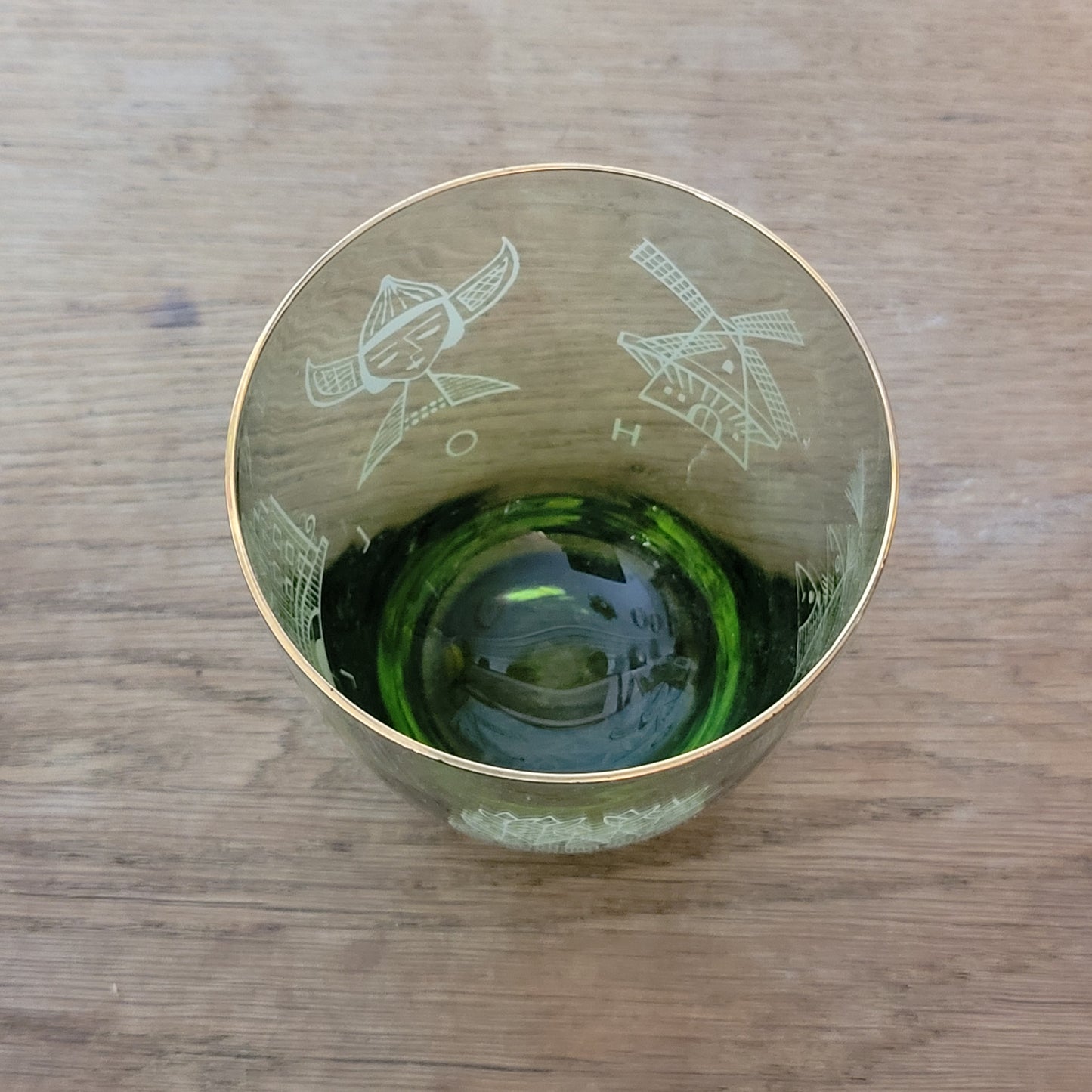 1960s olive green glass tumbler with Dutch scene print
