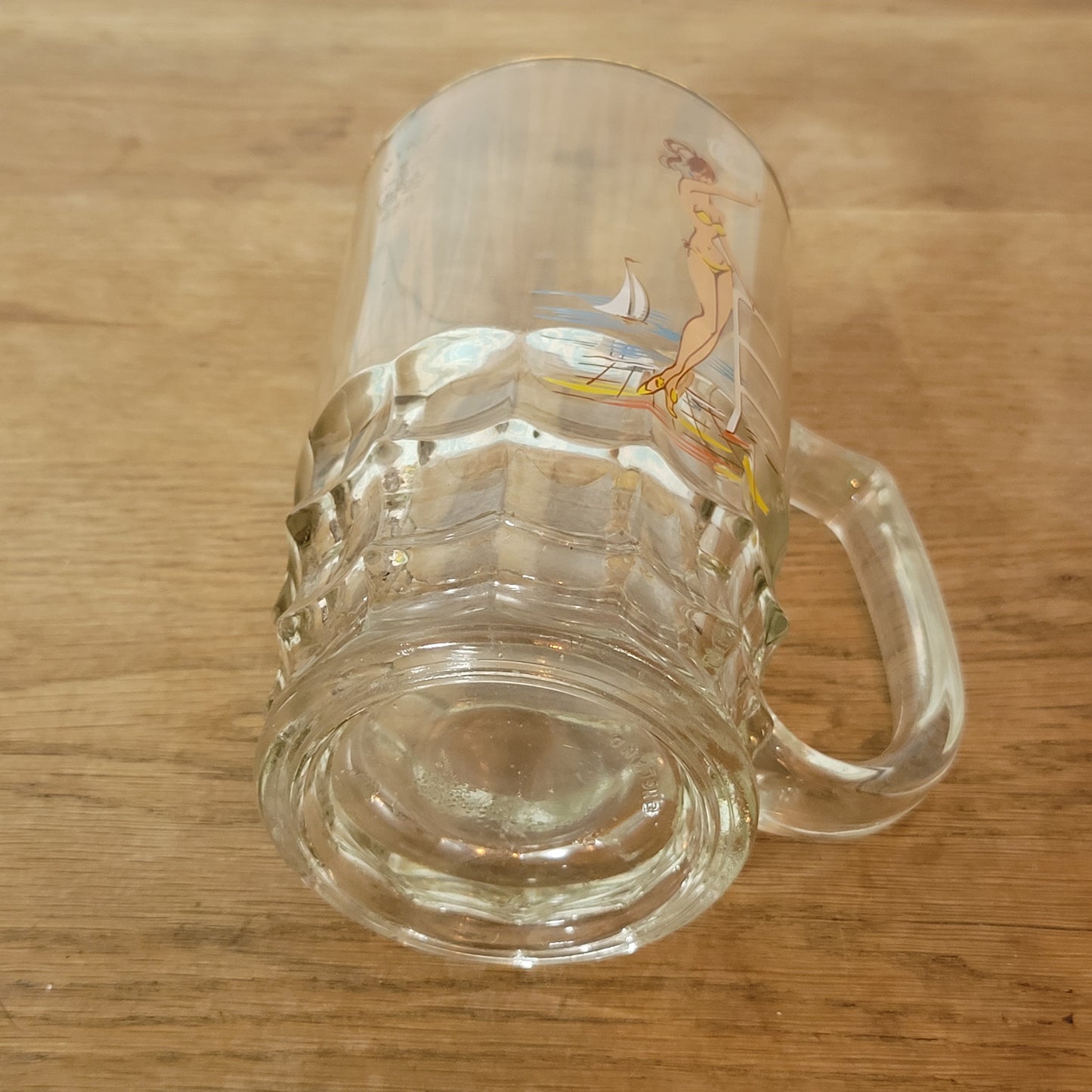 1960s cheeky glass beer stein with bikini pin-up