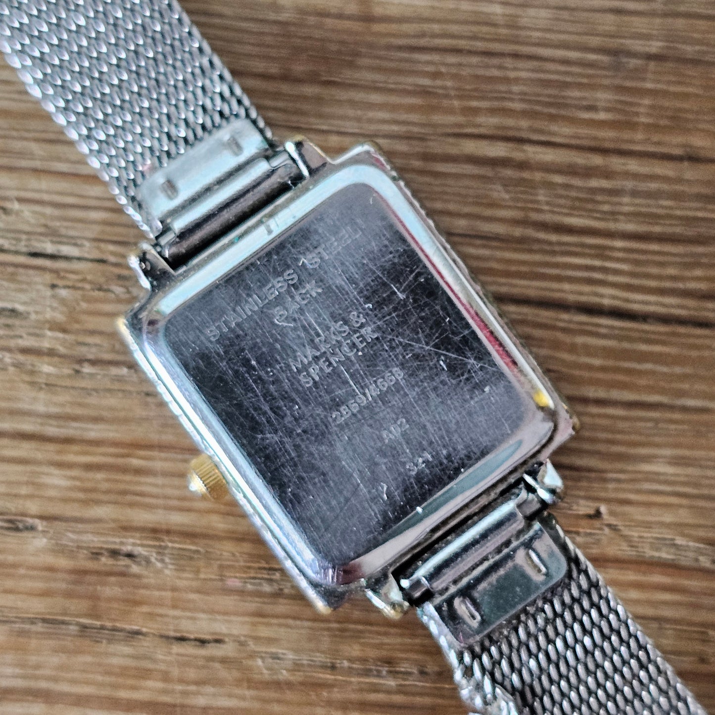 circa. 1990s Marks & Spencer Quartz gold-tone square ladies watch with metal mesh strap