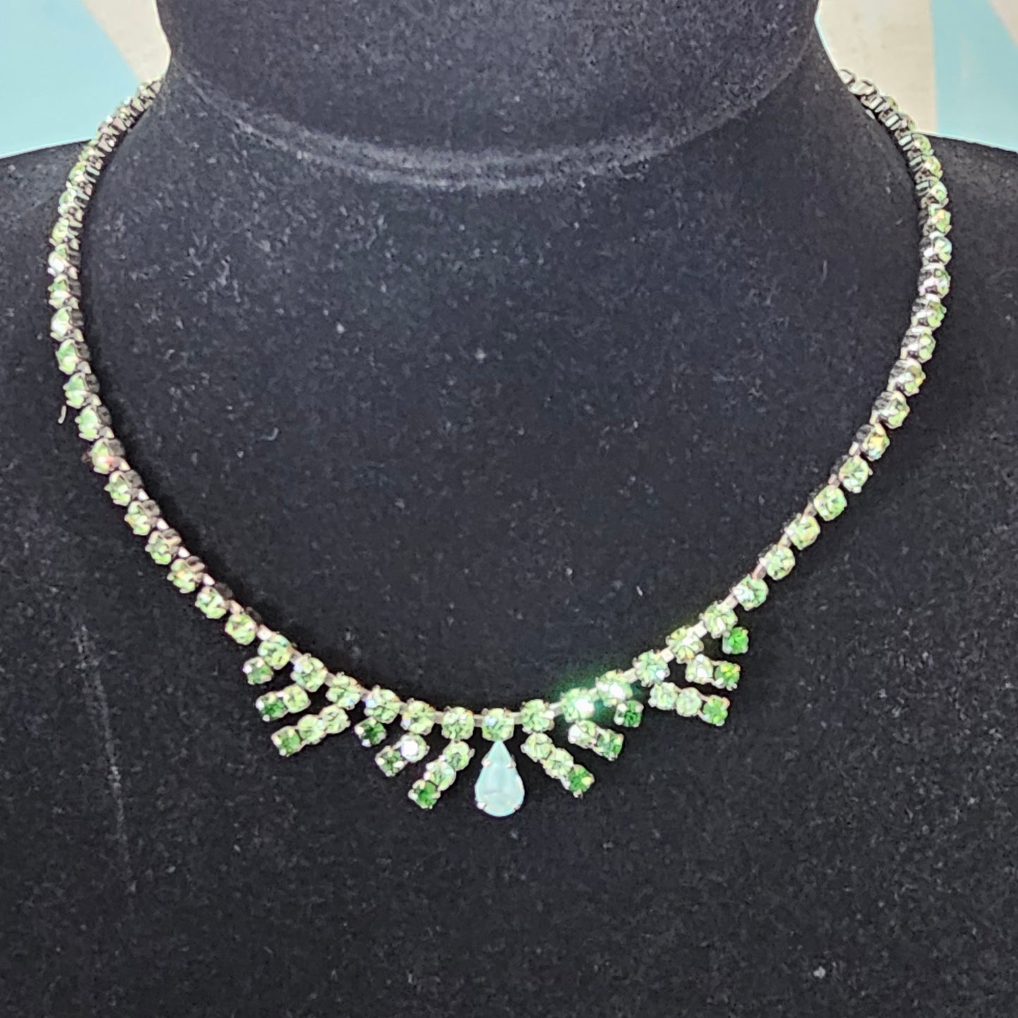 Mid-century green rhinestone necklace with opaline teardrop pendant