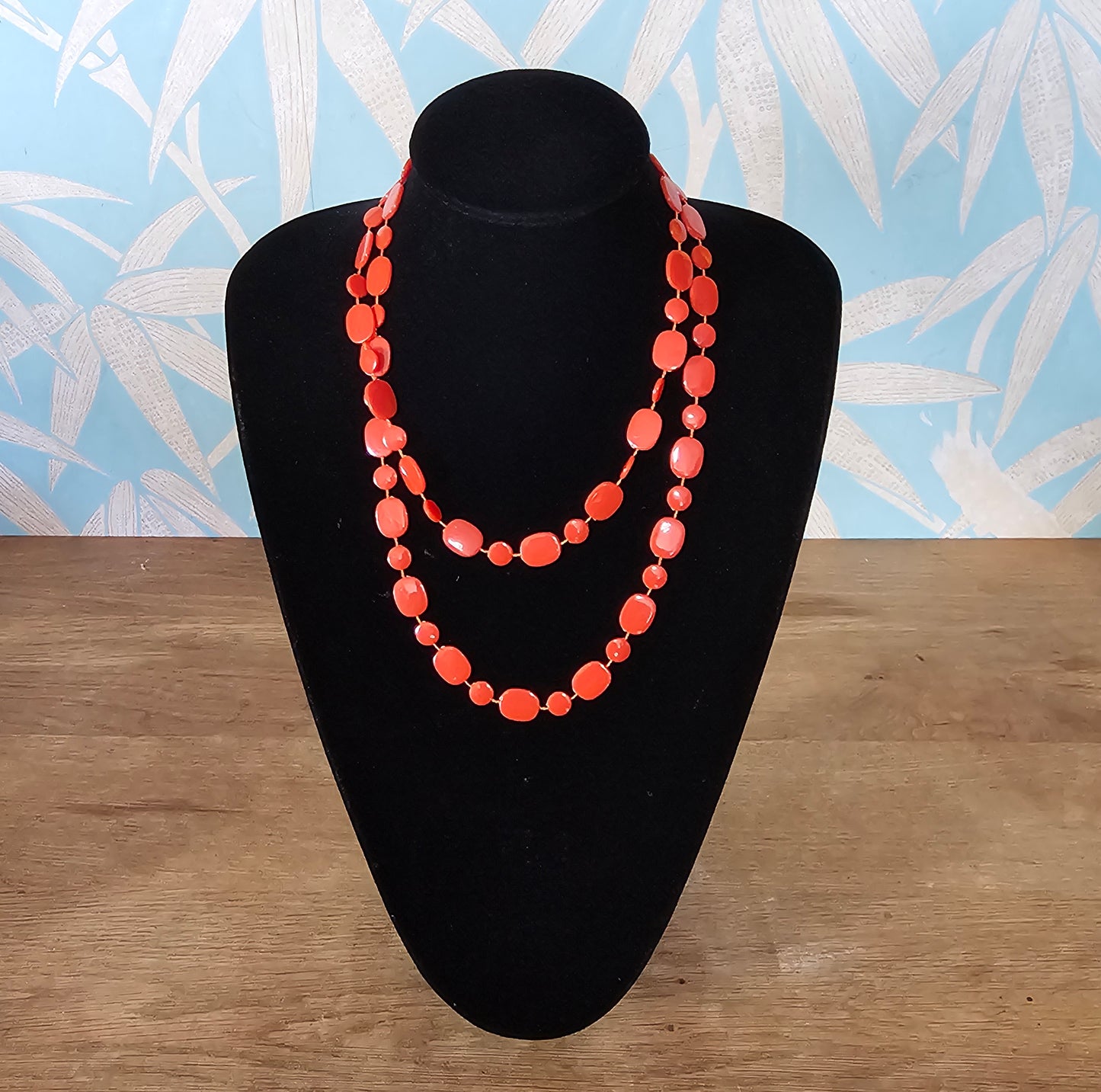 1970s coral/orange Lucite beaded rope necklace