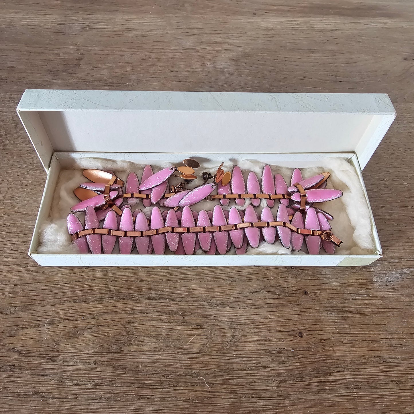 1950s Renoir Matisse ‘Nefertiti’ pink enamel copper demi parure (necklace, bracelet & earrings)