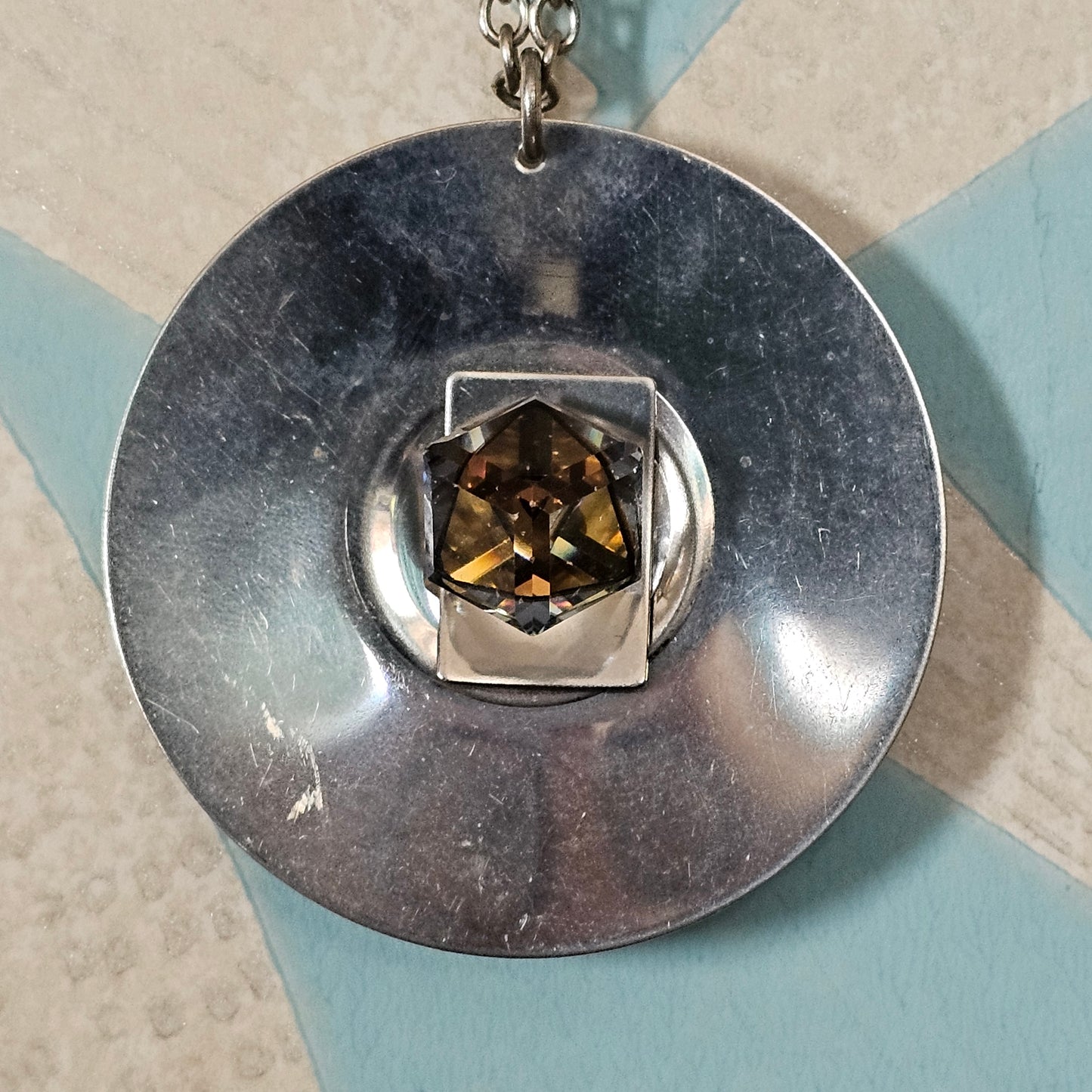 1970s stainless steel modernist pendant necklace with cube-cut crystal centre