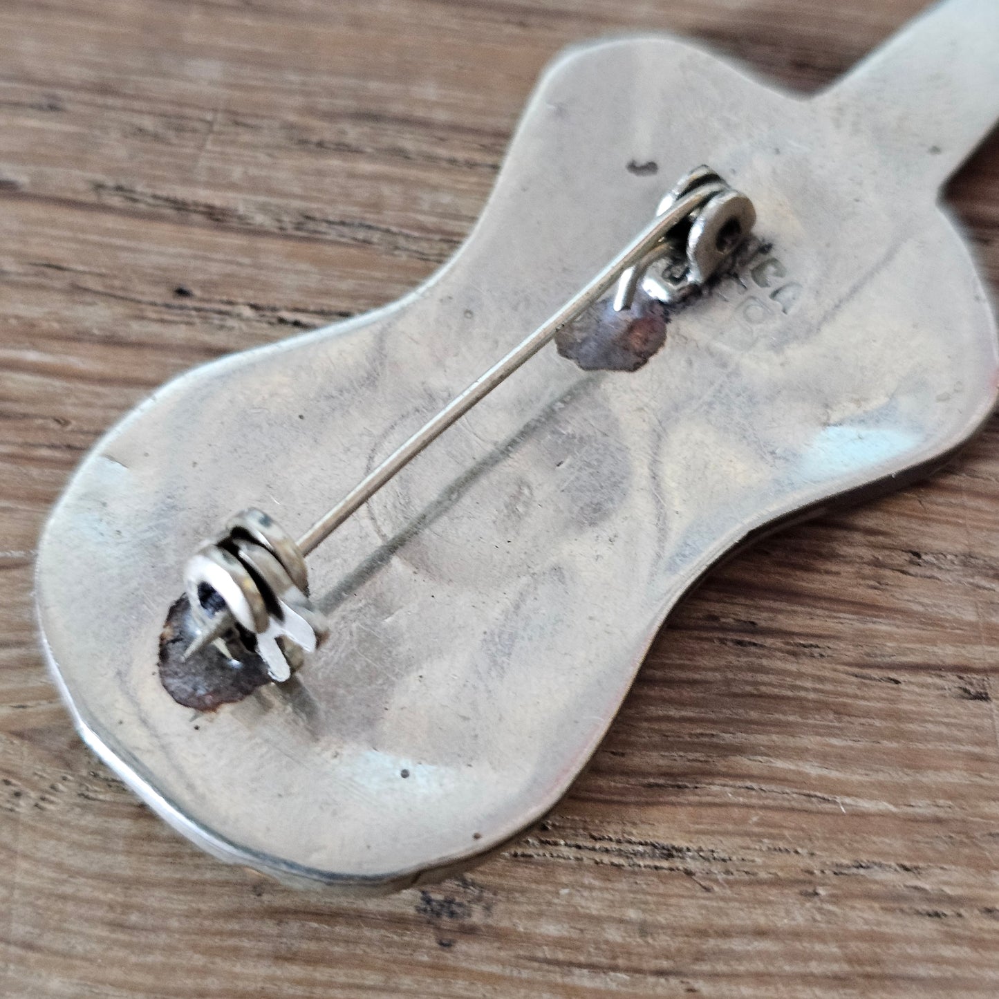 1970s silver-tone Abalone shell guitar brooch, stamped Alpaca Mexico