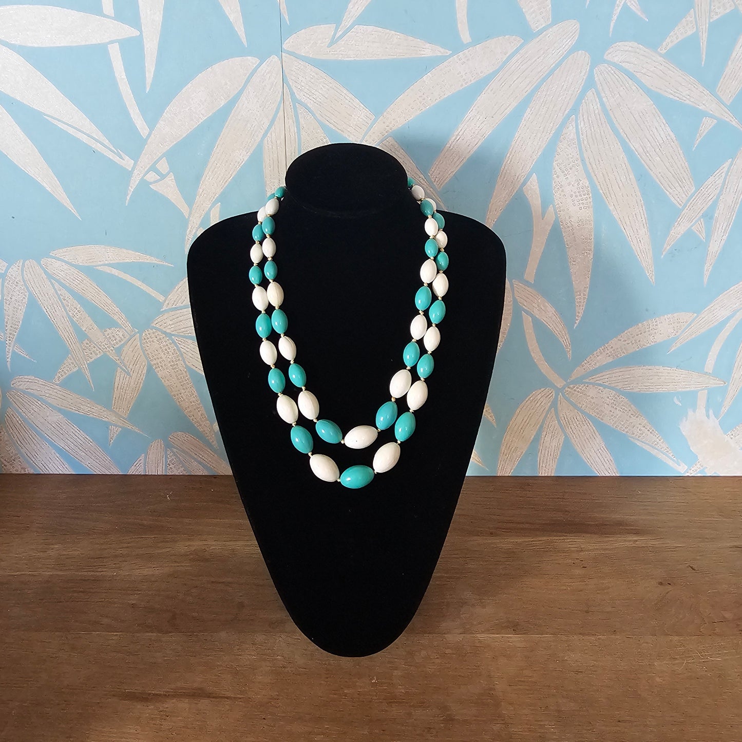 1960s West Germany turquoise & white plastic double strand bead necklace