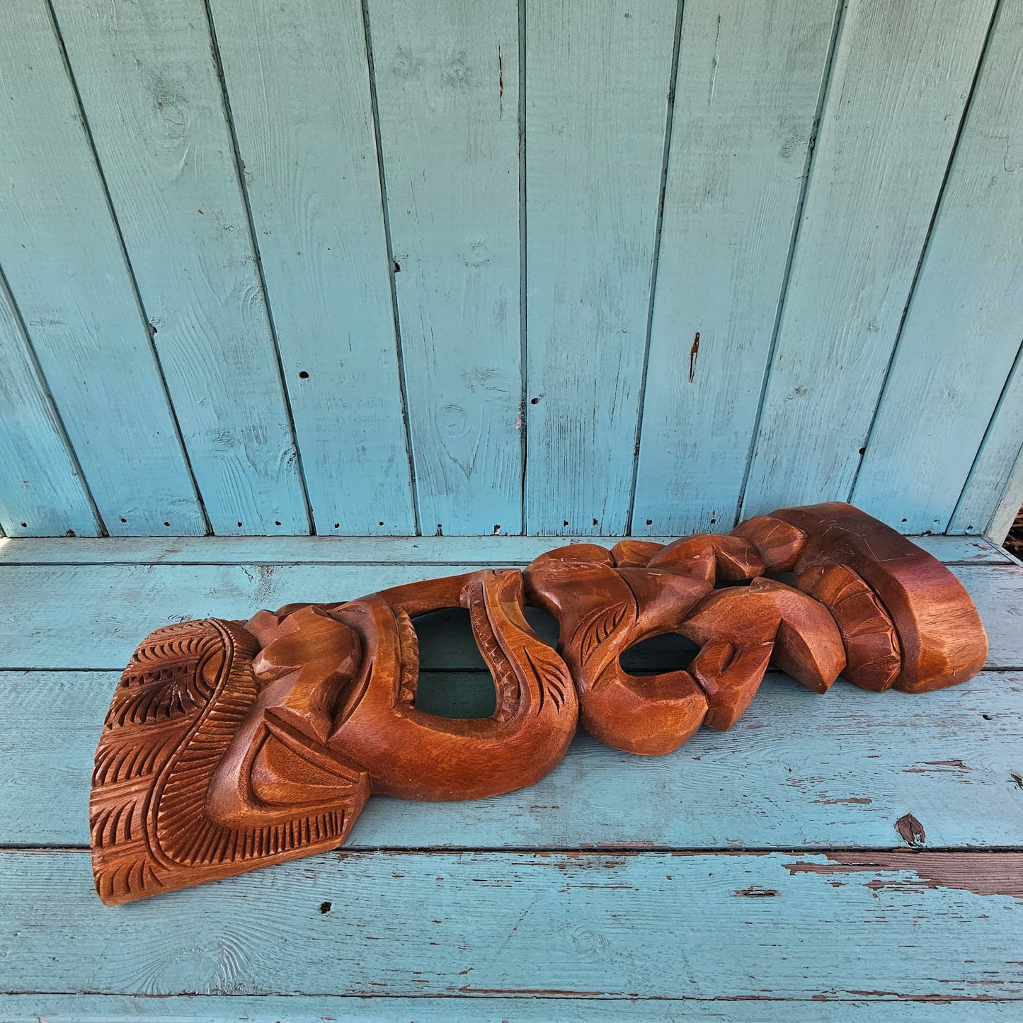 Large vintage hand-carved wooden tiki figure statue
