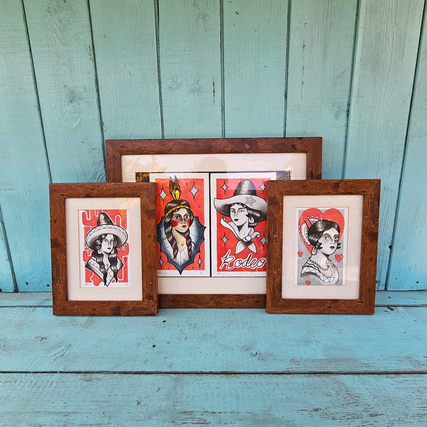 Original Tattoo Flash Diptych – Rodeo & Portrait – 1/1 Hand-Painted by Paul Tipping (Framed)