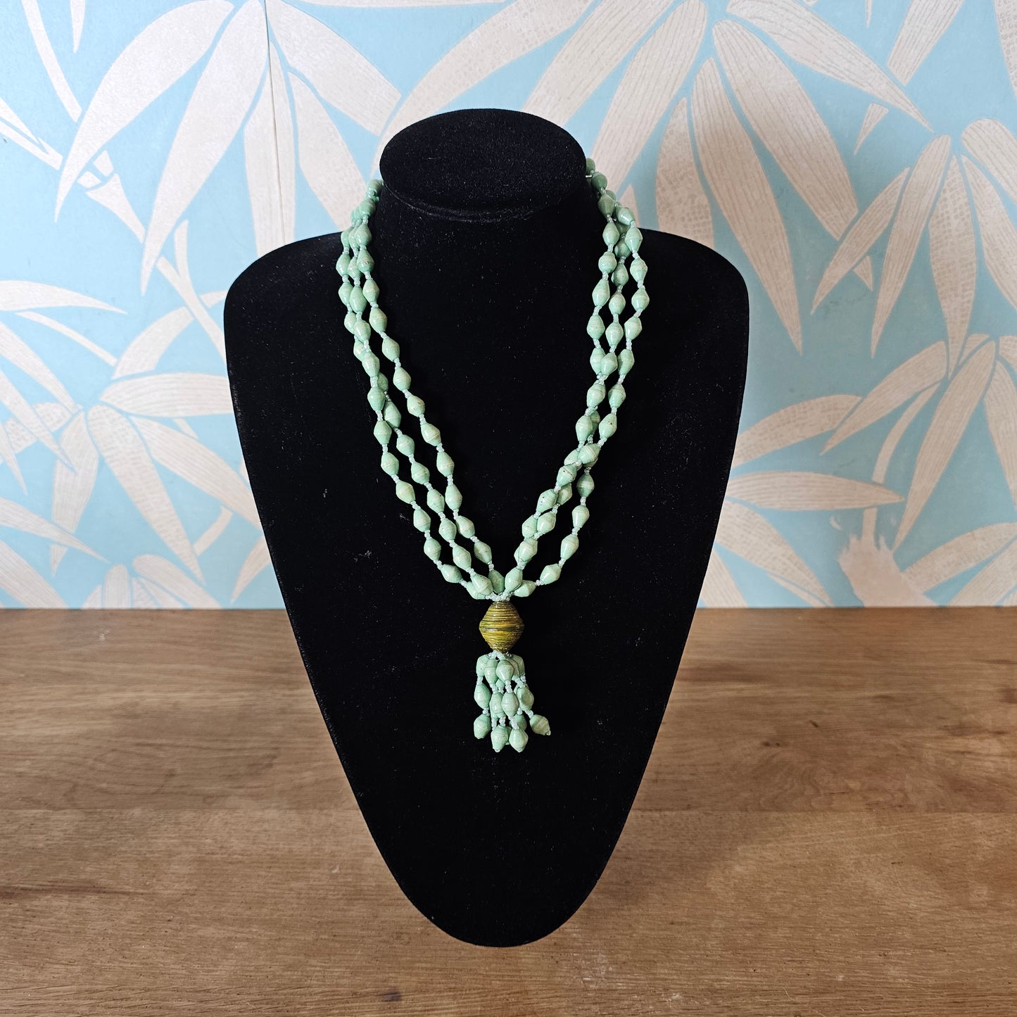 1970s seafoam green paper bead triple-strand necklace with tassel drop