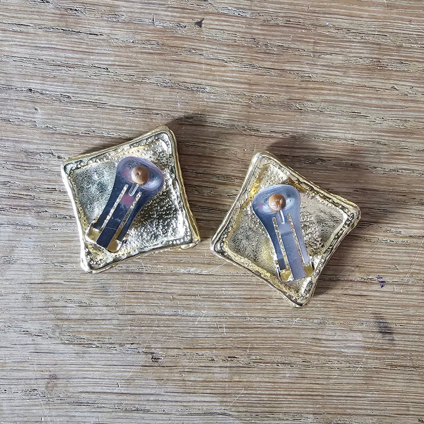 1980s white enamel square clip-on earrings with multicolour spots & gold-tone trim