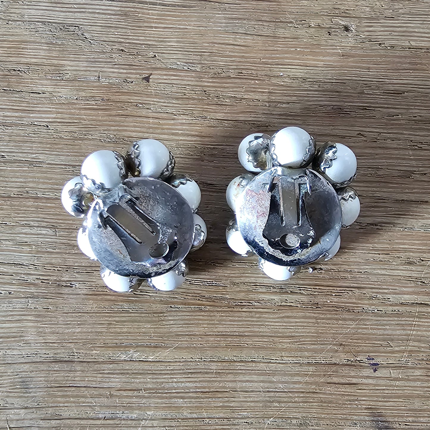 1960s large white plastic beaded cluster statement clip-on earrings