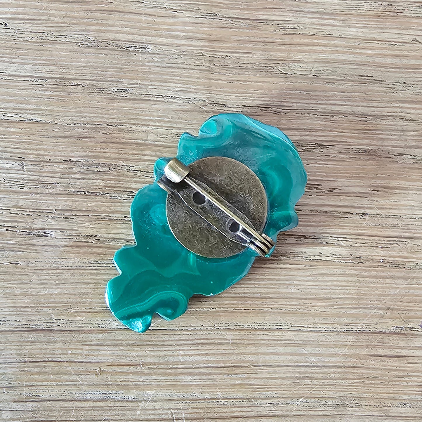 Home-made brooch using vintage carved Malachite stone figurine
