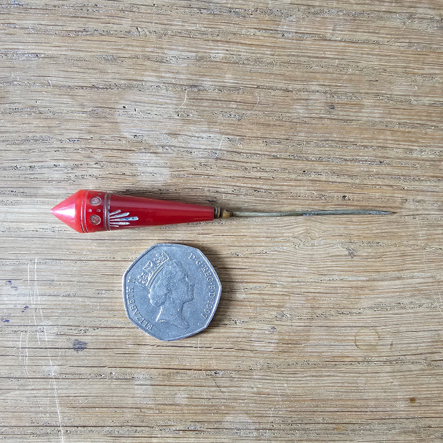 Art deco red Bakelite & diamante hat pin