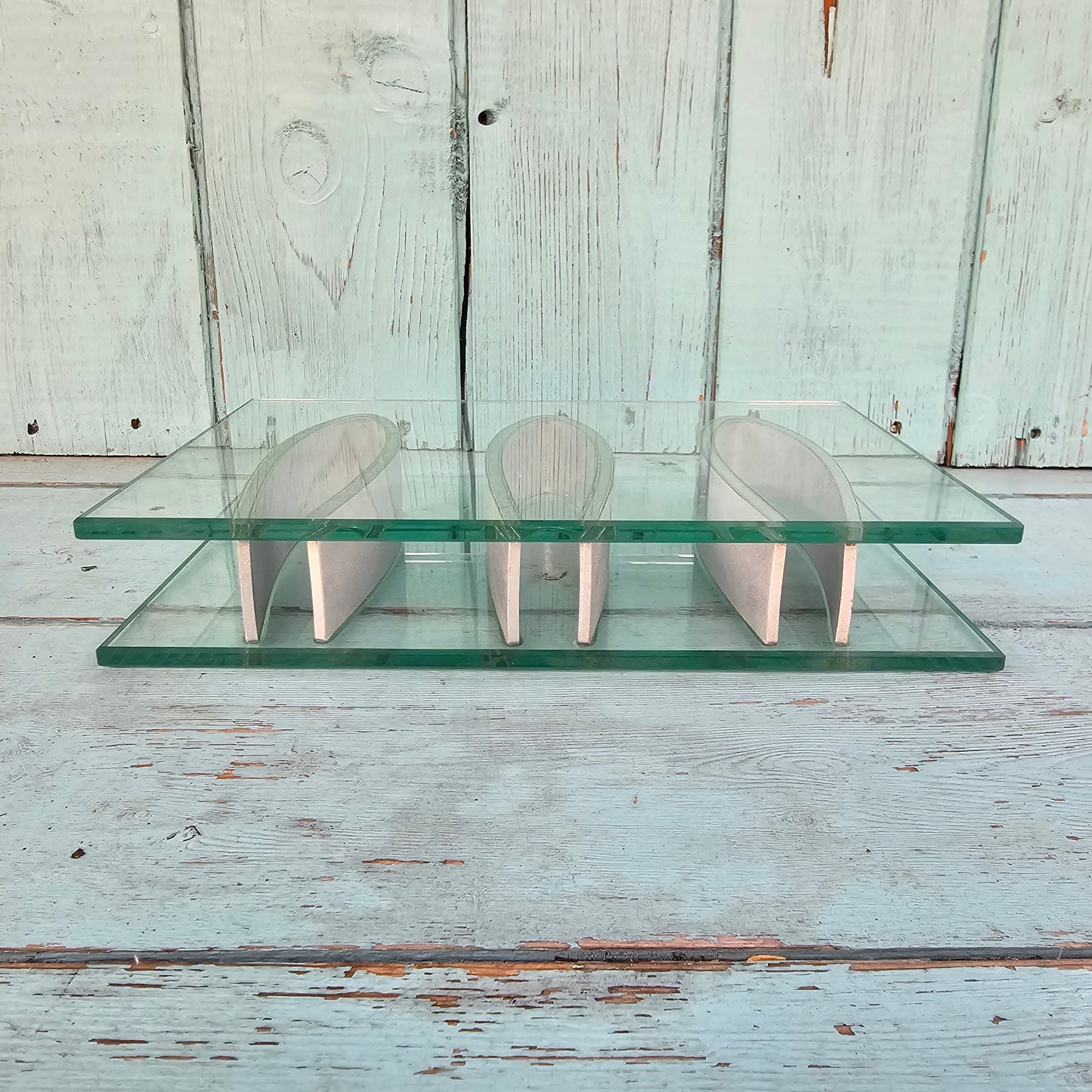 1970s “Ribbon Vase”-style rectangular three-aperture glass bud/specimen vase