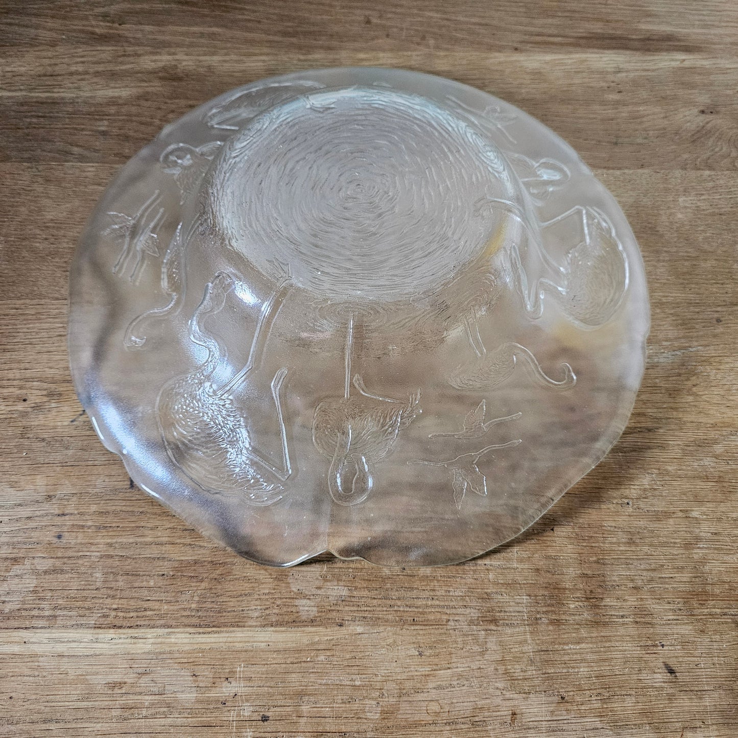 Large circa. 1970s embossed flamingos glass console bowl, made in France
