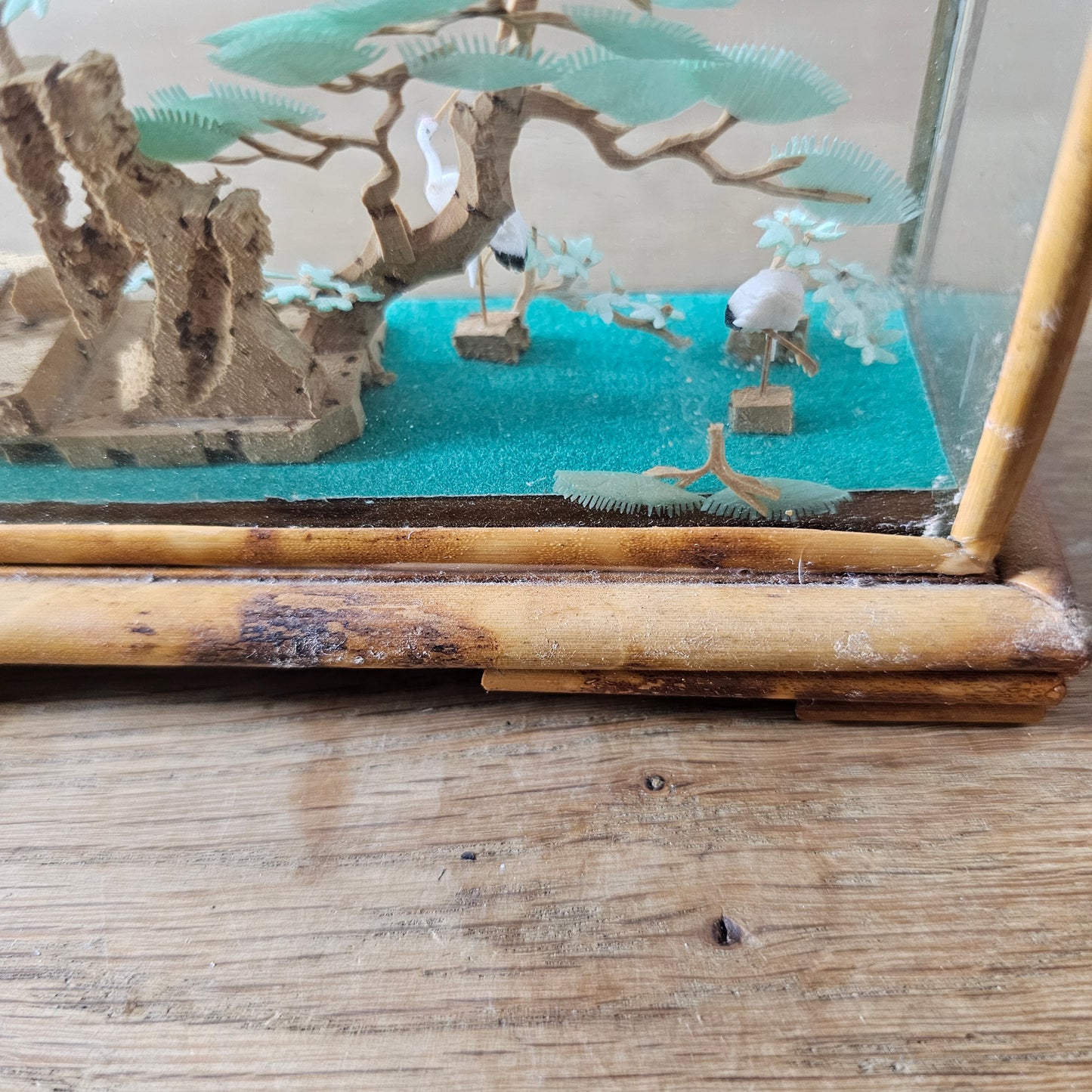 1970s Chinese miniature bamboo & cork landscape diorama in glass display case
