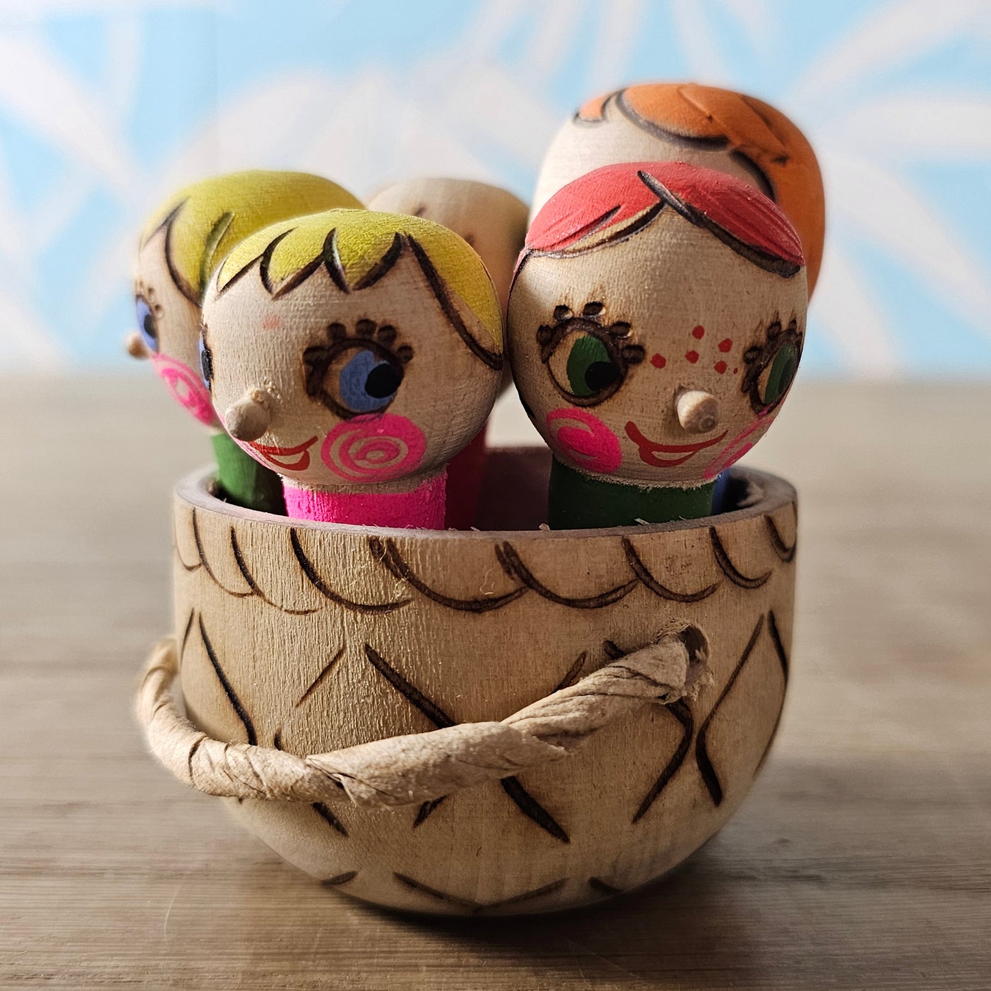 1985 Soviet Russian wooden folk art children in basket toy