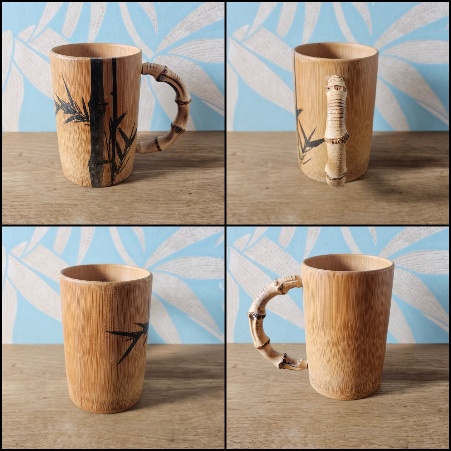 Set of five 1970s hand-painted bamboo wood tankards