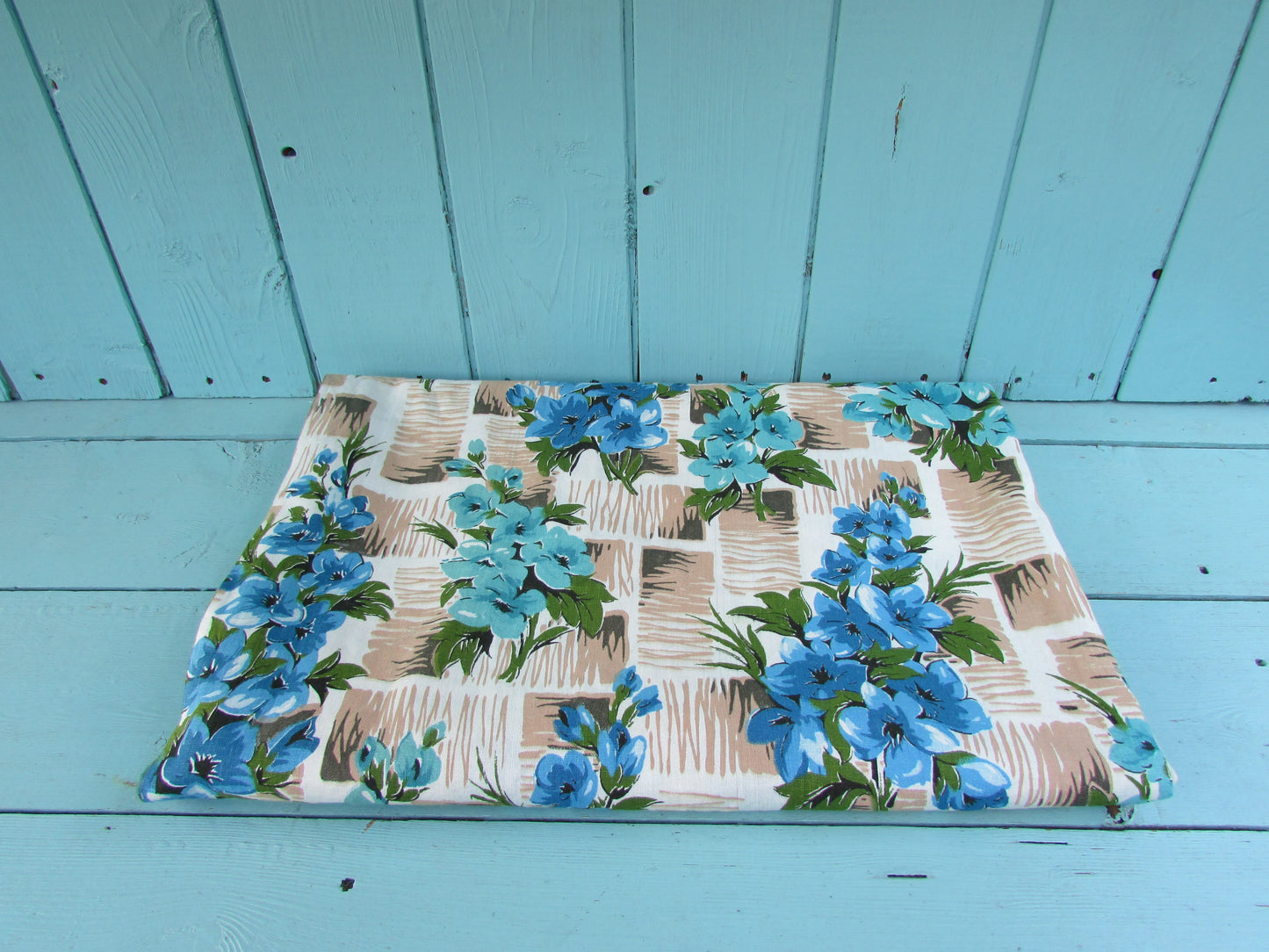 1950s/60s blue floral cotton dress fabric piece, 92" x 68" approx