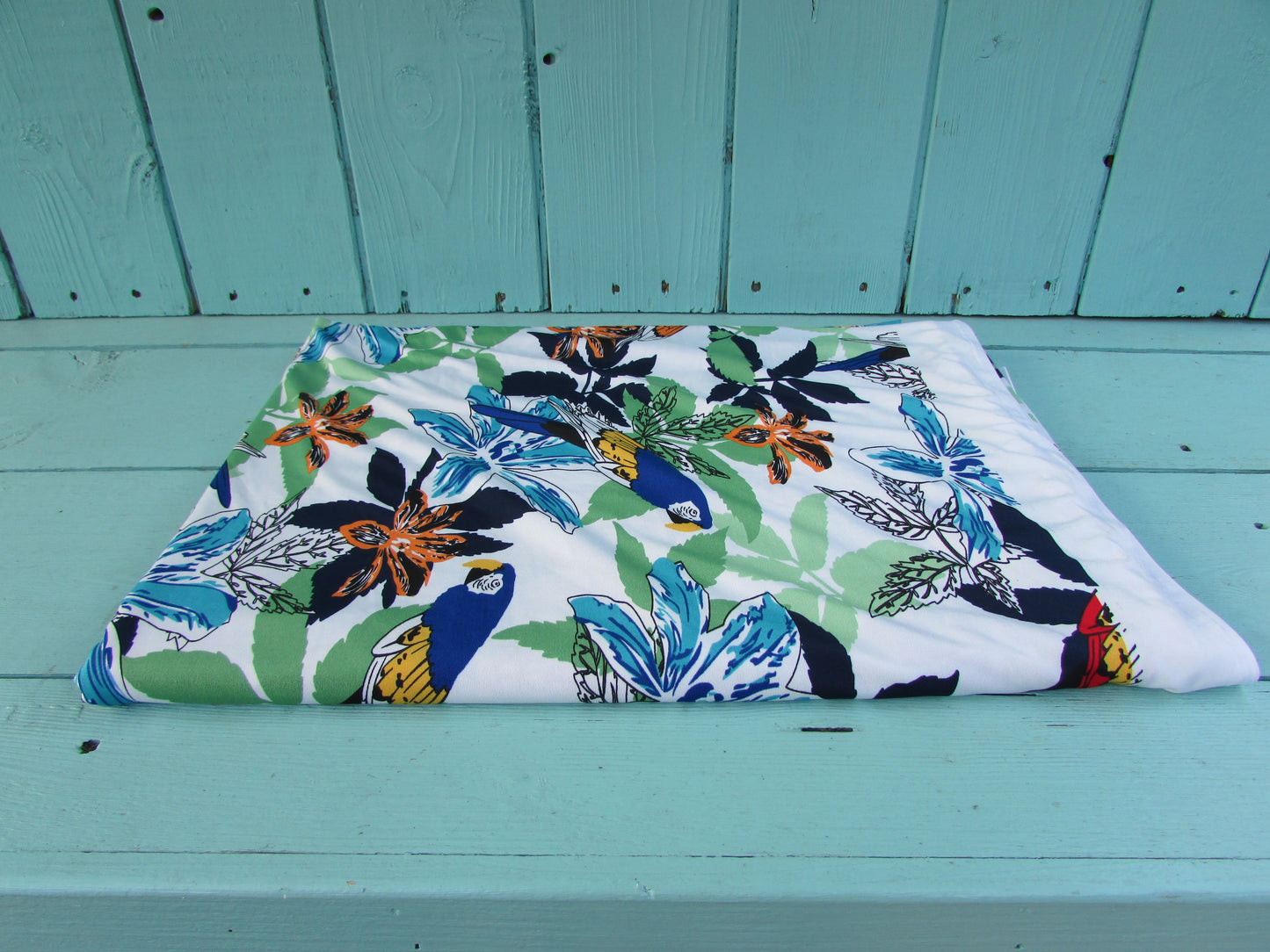 Retro tropical parrot & hibiscus stretchy dress fabric piece, 86" x 64"