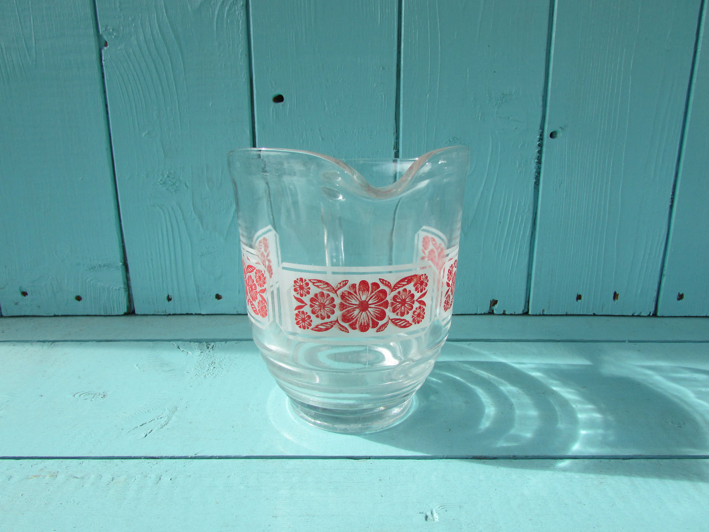 Mid-century red folkish flower on white band glass lemonade/water jug