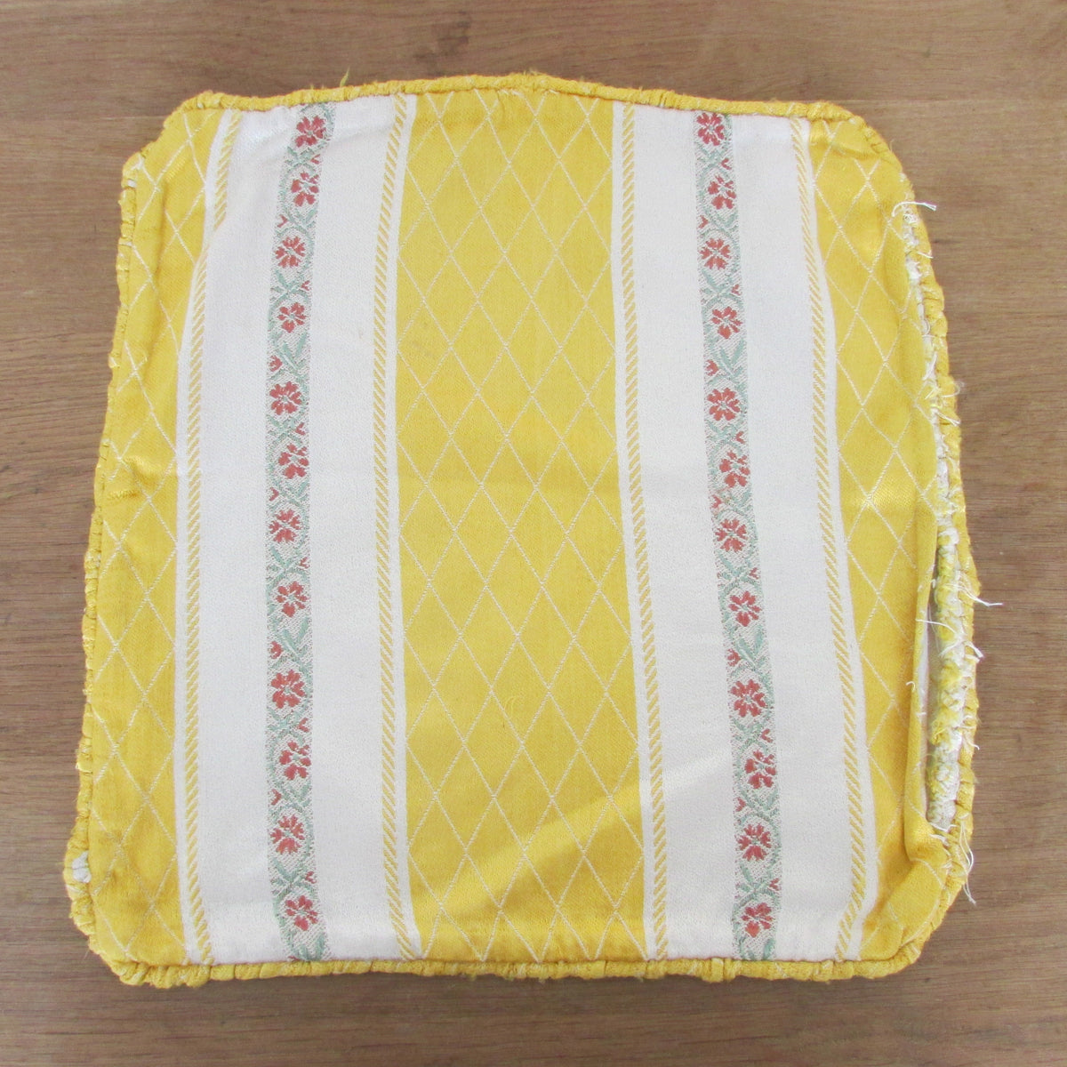 Vintage handmade yellow satin floral stripe cushion cover, 15" x 15"
