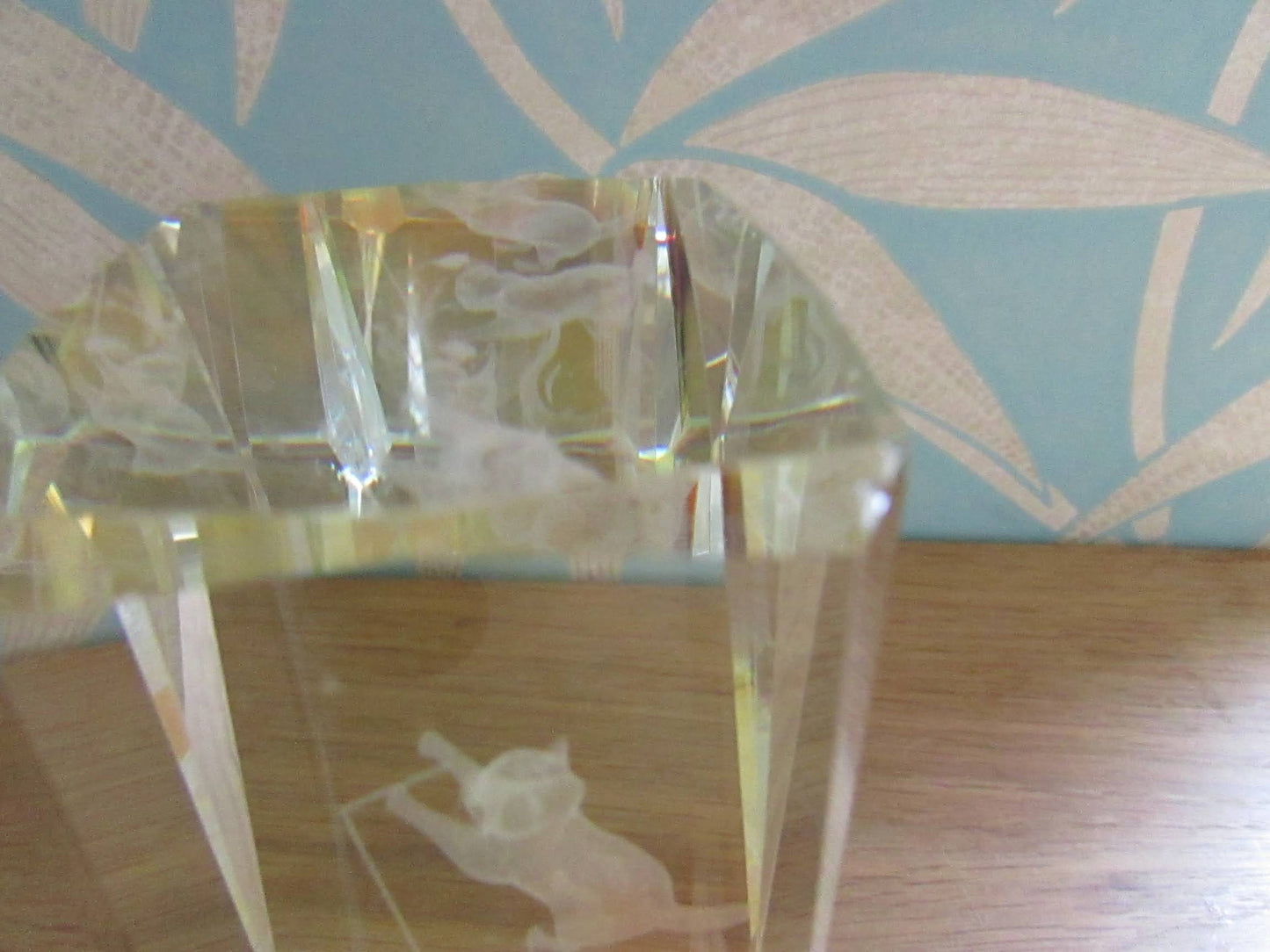 circa. 1990s laser etched crystal glass paperweight, climbing kittens