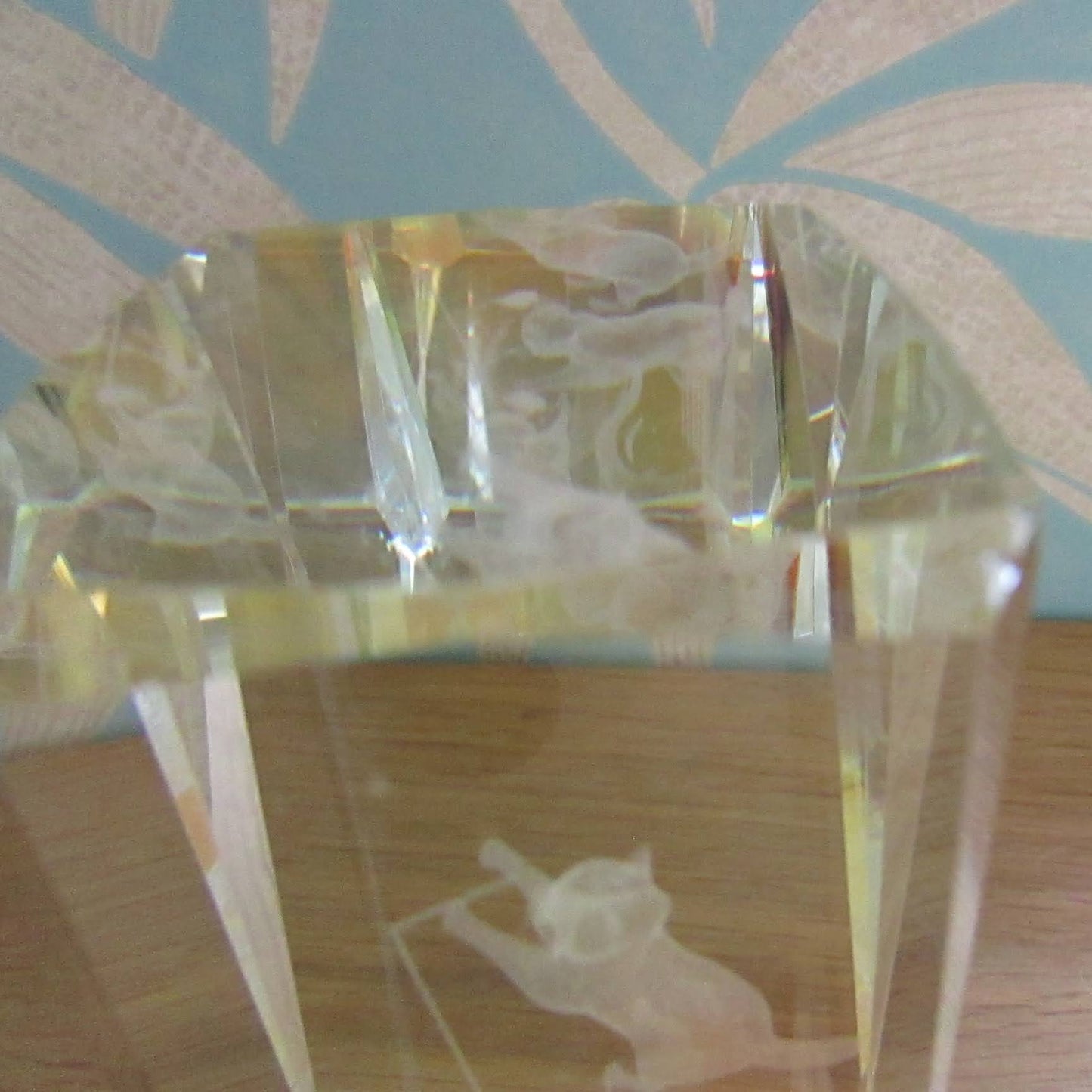 1990s laser etched climbing kittens optical crystal paperweight