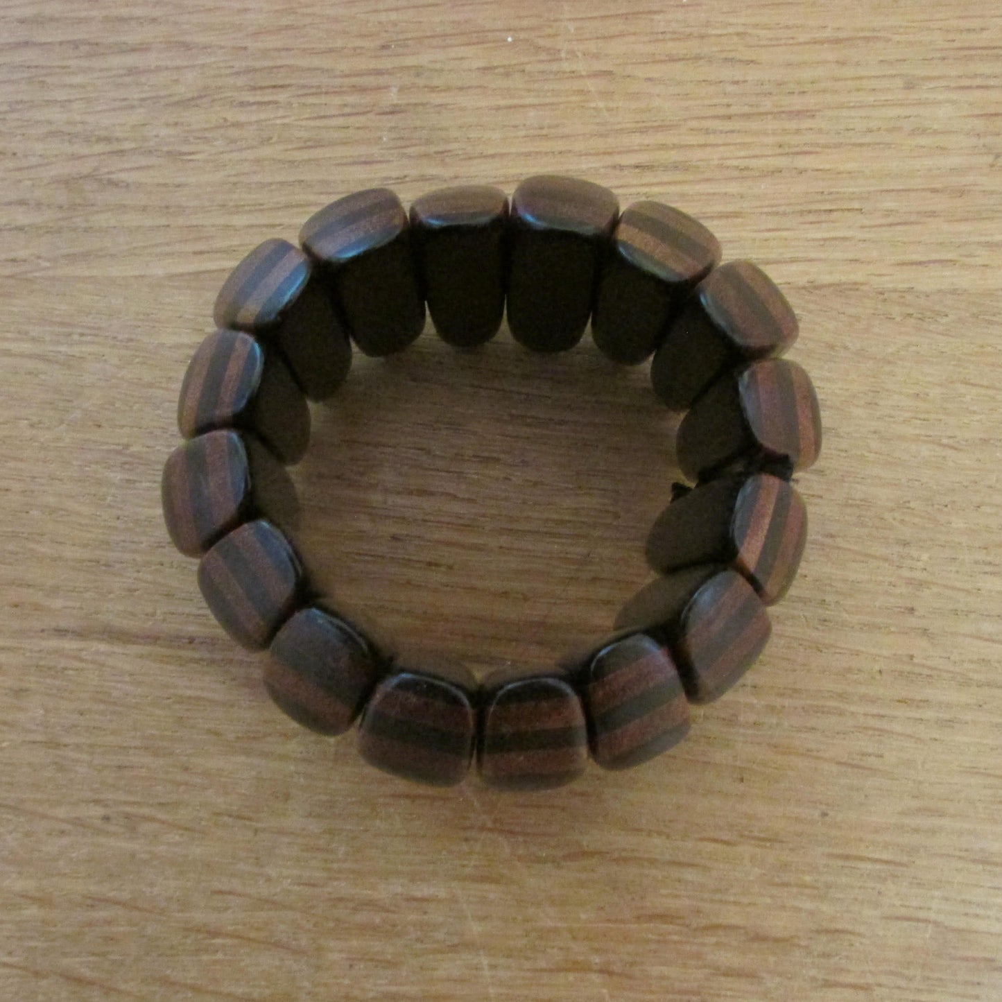 1980s/90s chunky wooden stretch brown striped bead segment bracelet