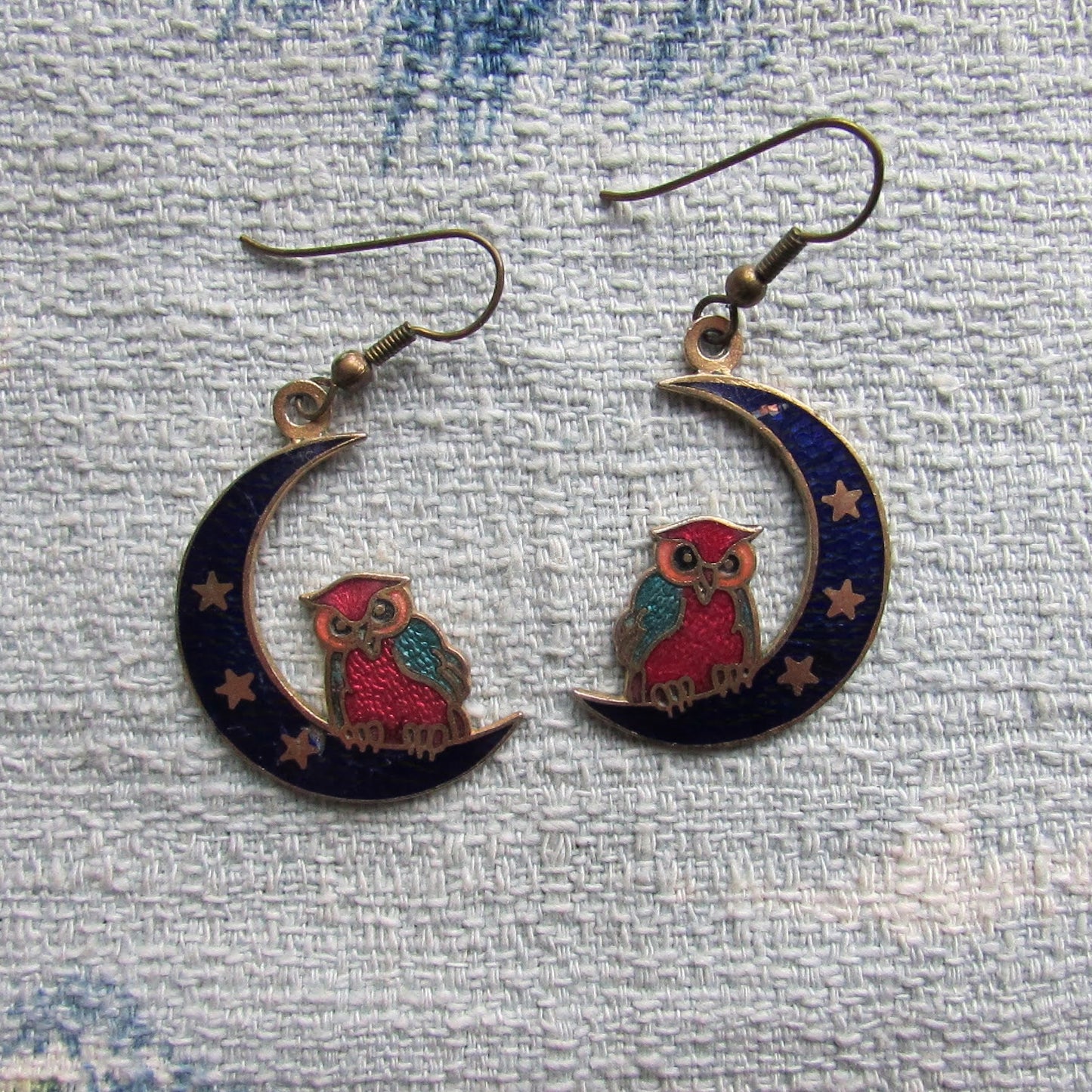 1980s cloisonné crescent moon & owl drop earrings, blue enamel celestial design