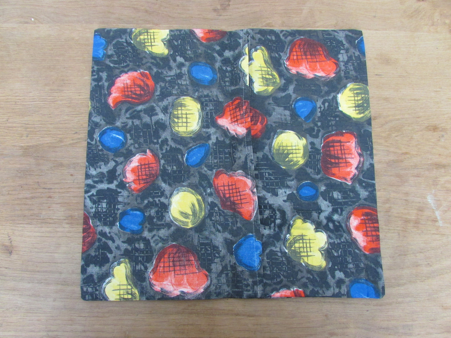 Home-made mid-century colourful abstract petal pattern cushion cover with contrast metallic OR same pattern reverse