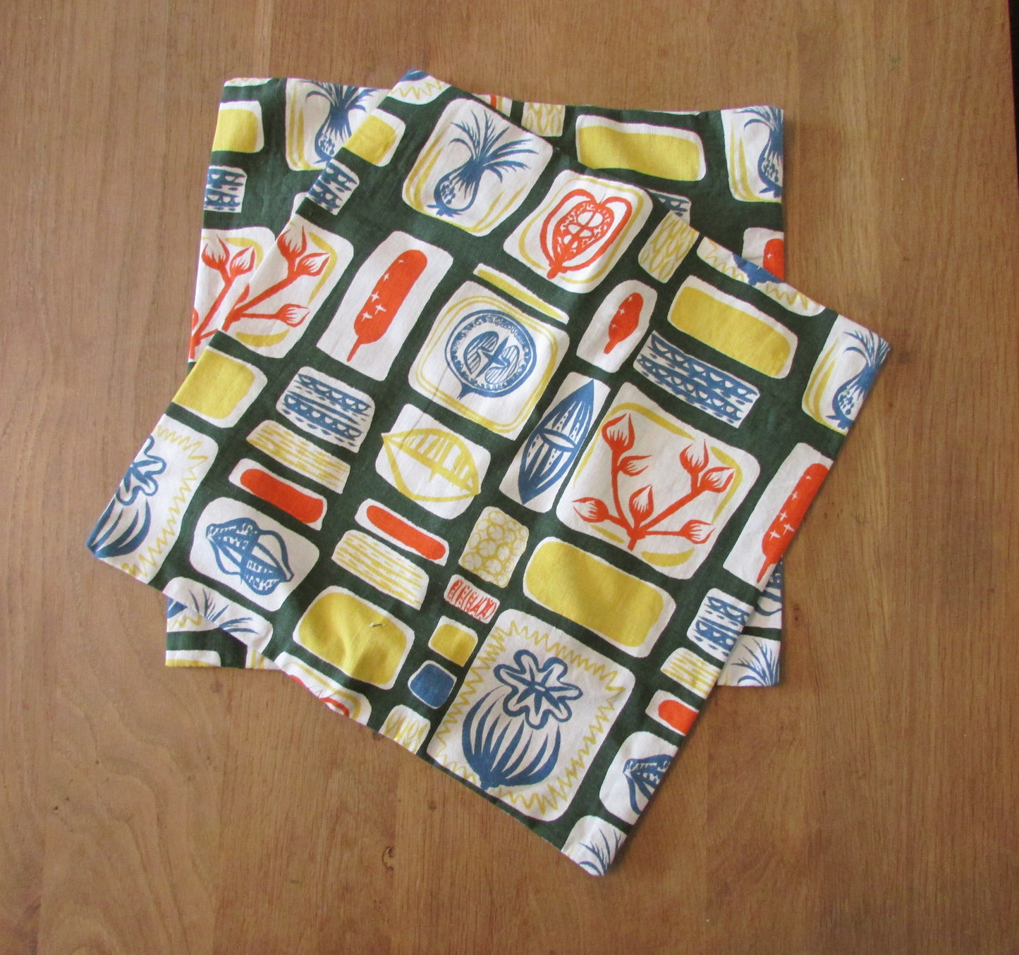 Home-made mid-century abstract botanical fruit print cushion cover with same pattern reverse