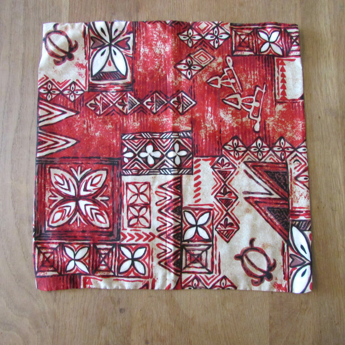 Handmade vintage red Hawaiian tiki pattern cushion cover, 15" x 15"