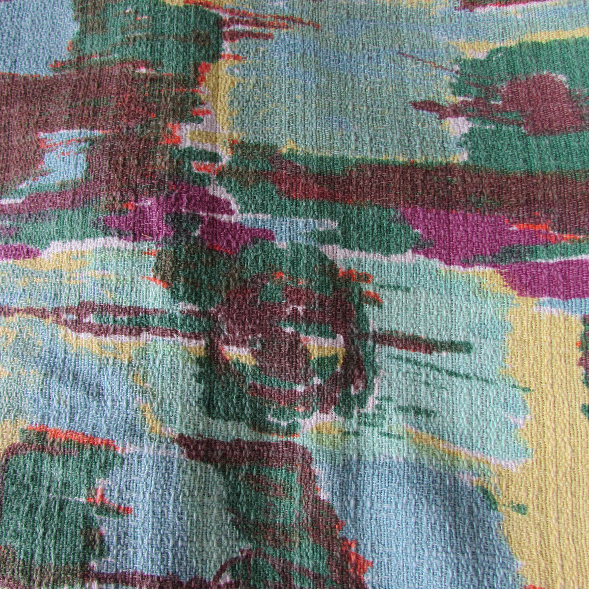 Handmade 1950s colourful painterly abstract barkcloth cushion cover, 15" x 15"