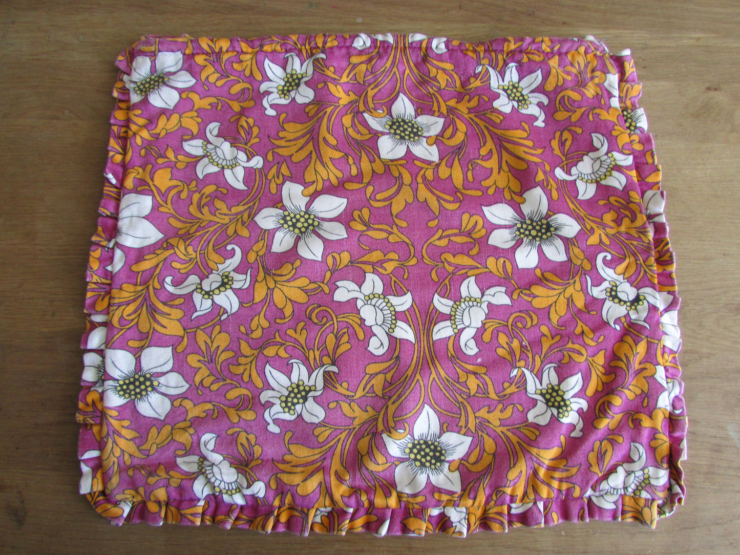 Pair of vintage pink & orange floral cushion covers with pleated trim