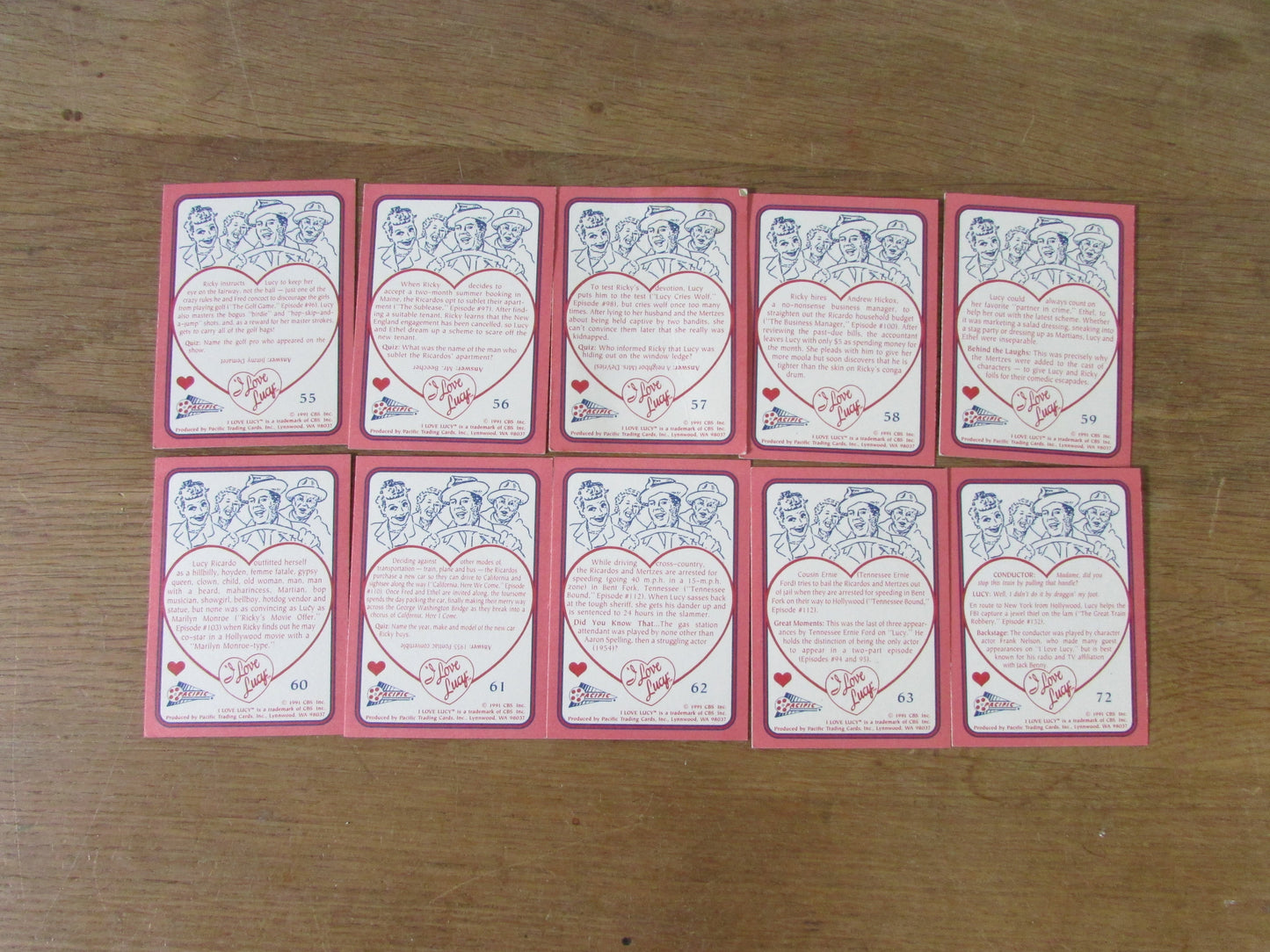 Selection of 1991 I Love Lucy trading cards (Nos.56-63, 72)