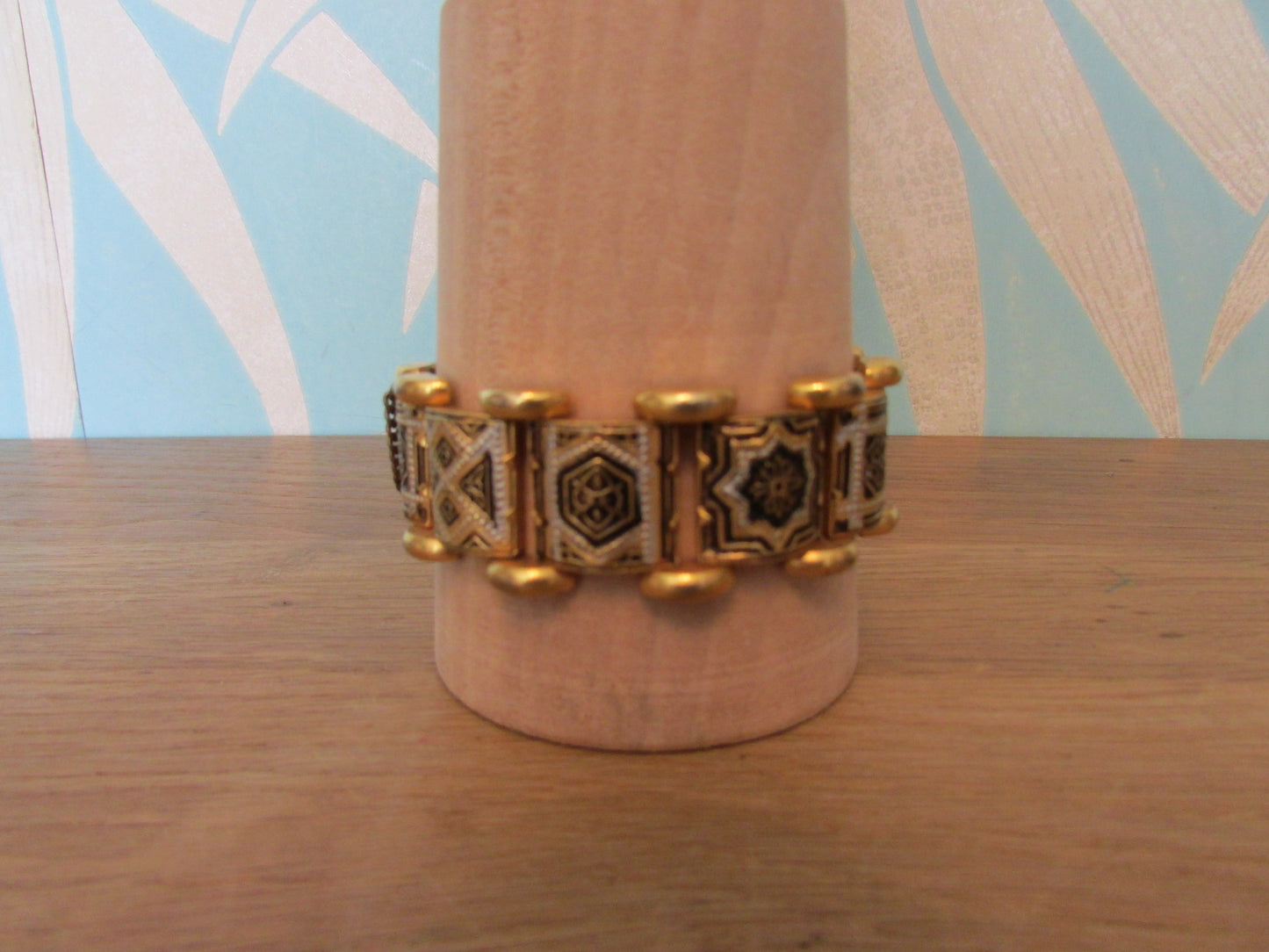 1960s gold-tone Damascene panel link bracelet with safety chain