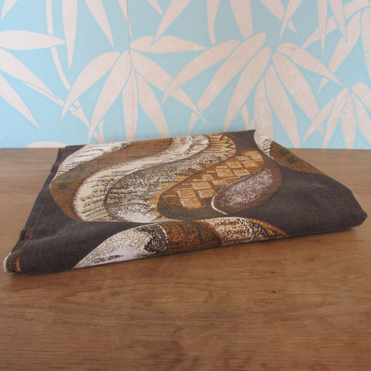 1960s brown & ochre geometric swirl roundel fabric, 46" x 82"