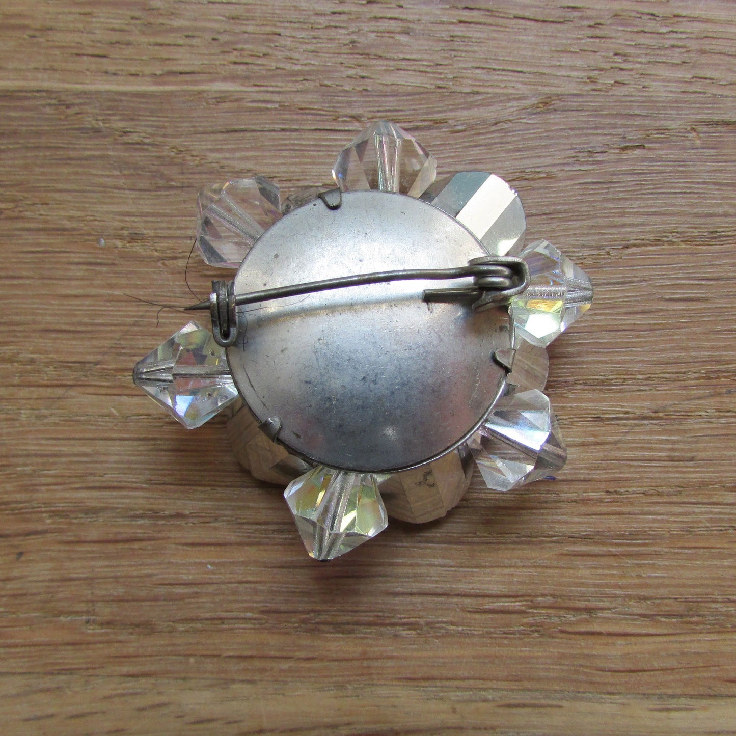 1950s iridescent glass bead & faceted crystal flower cluster brooch