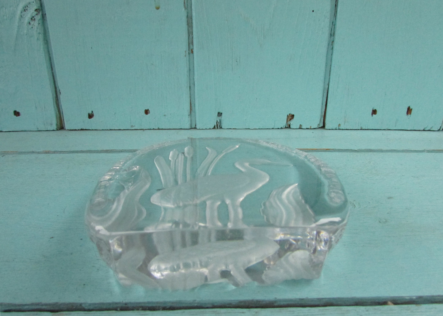 1970s Goebel intaglio crystal glass paperweight of stork in bullrushes