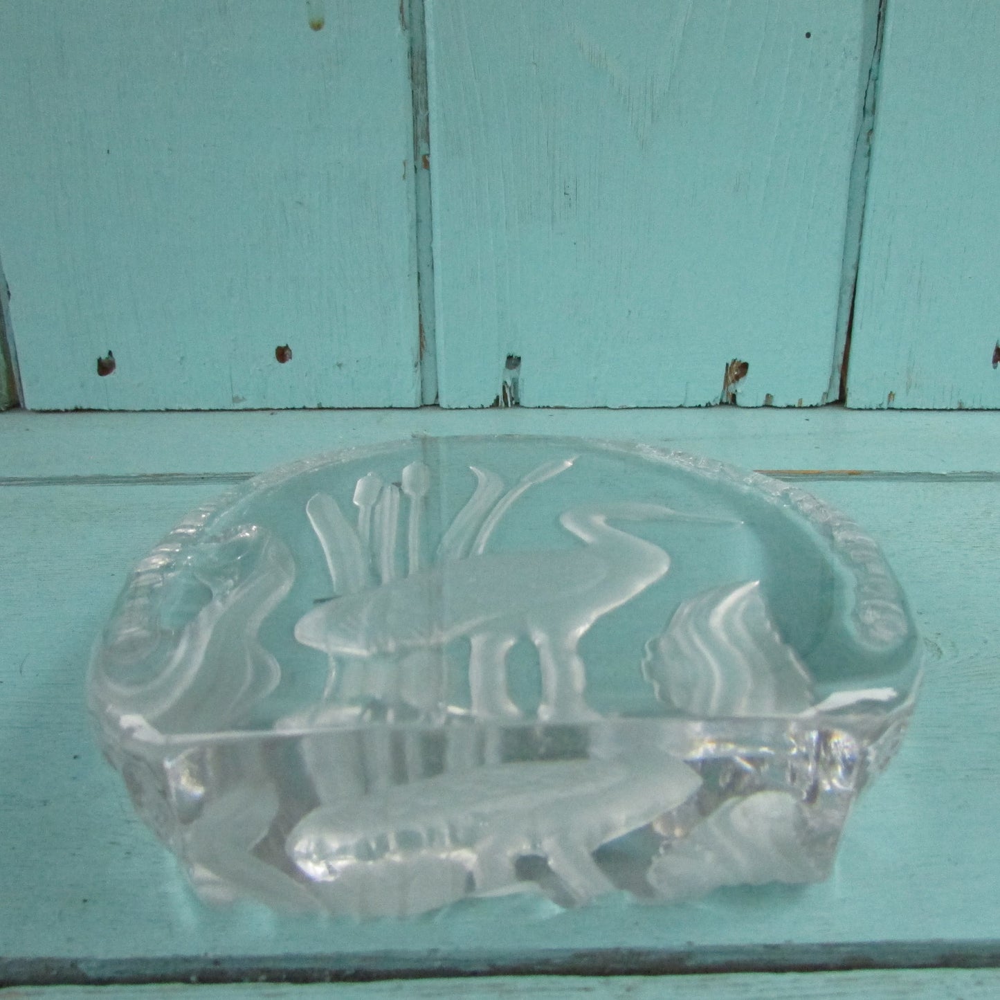 1970s Goebel intaglio crystal glass paperweight of stork and reeds