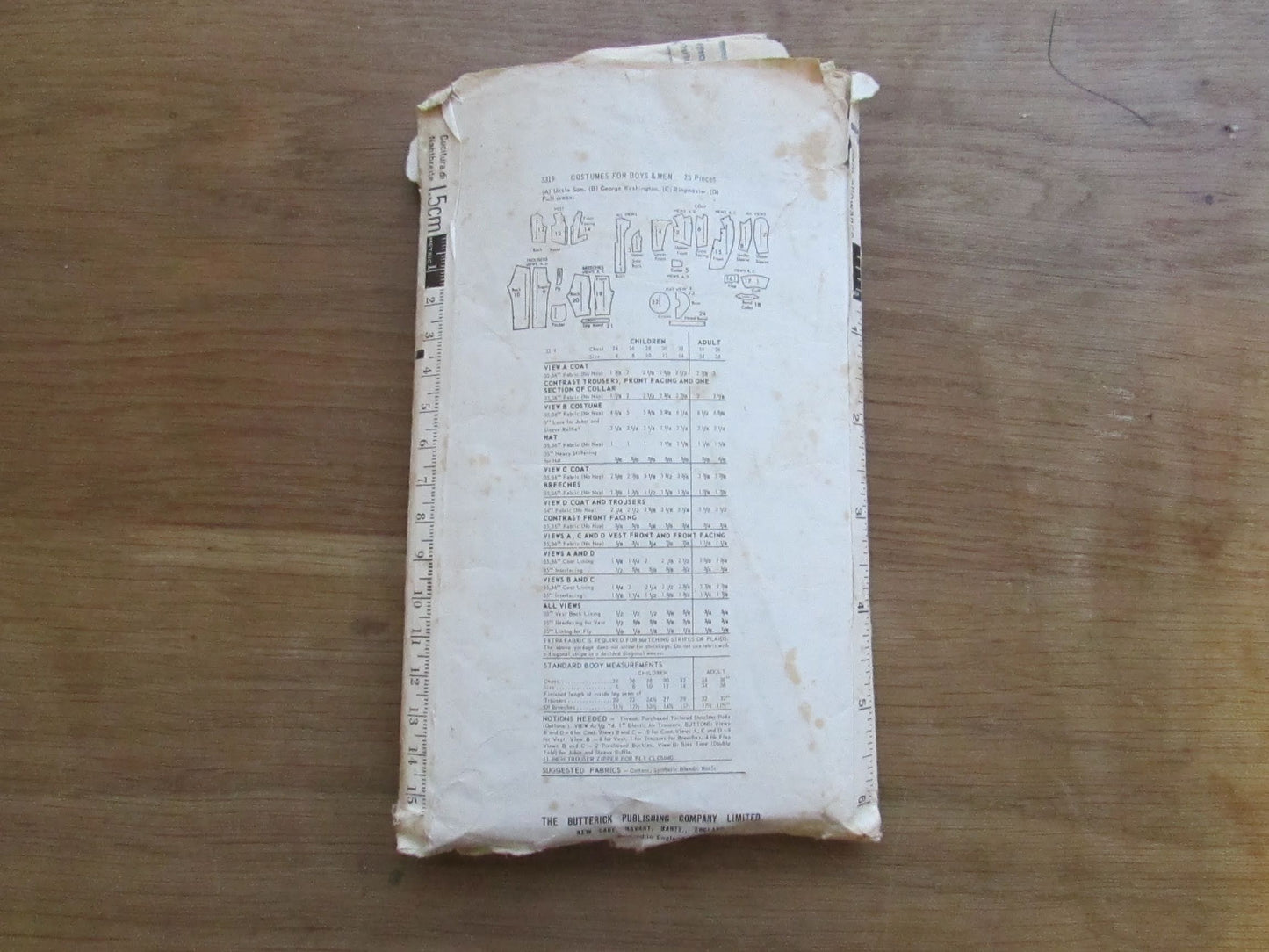 Part cut vintage Butterick 3319 sewing pattern for costumes for boys & men, chest 30" (complete)